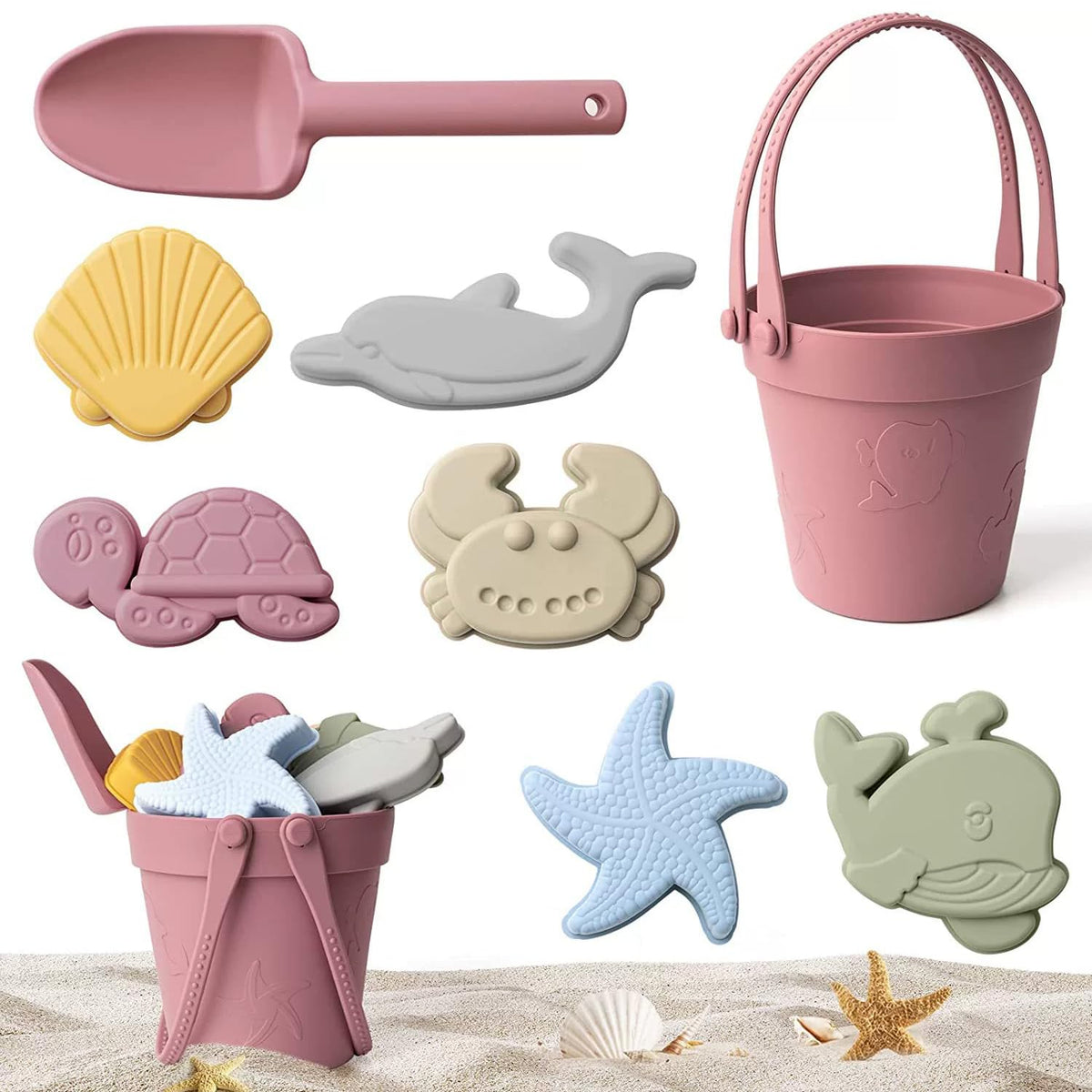 GGEROU Silicone Sand Toys for Baby - Kids Summer Toys Set with Beach Toy Molds Shovel Bucket Set - Sand Toys Toddler Sandbox Toys for Kids Outdoor Summer Playset (Red)