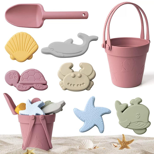 GGEROU Silicone Sand Toys for Baby - Kids Summer Toys Set with Beach Toy Molds Shovel Bucket Set - Sand Toys Toddler Sandbox Toys for Kids Outdoor Summer Playset (Red)