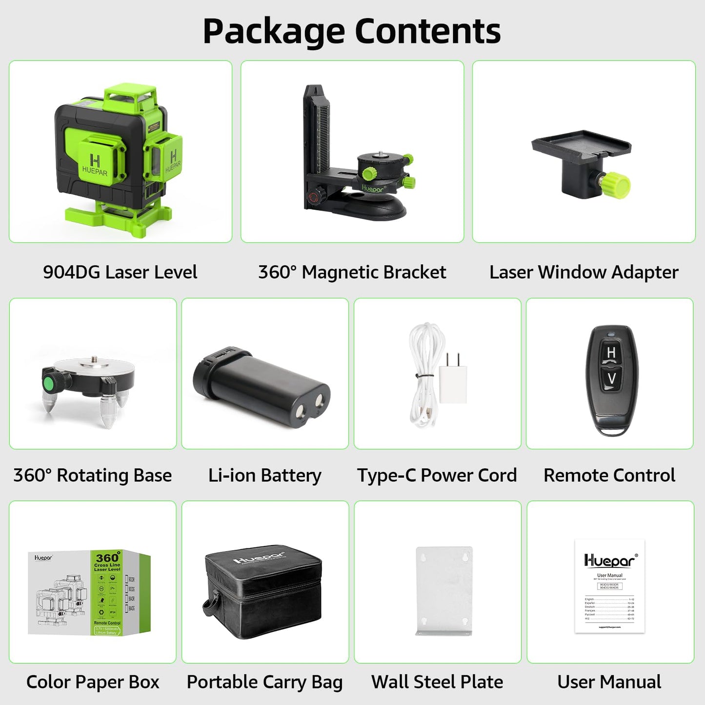 Huepar Laser Level 360 Self Leveling, 16 Lines High Accuracy ±1/9" Green Laser Level with Remote Control, 4x360 Cross Line Tiling Floor Laser Tool, 4D for Construction 904DG - Medaid International