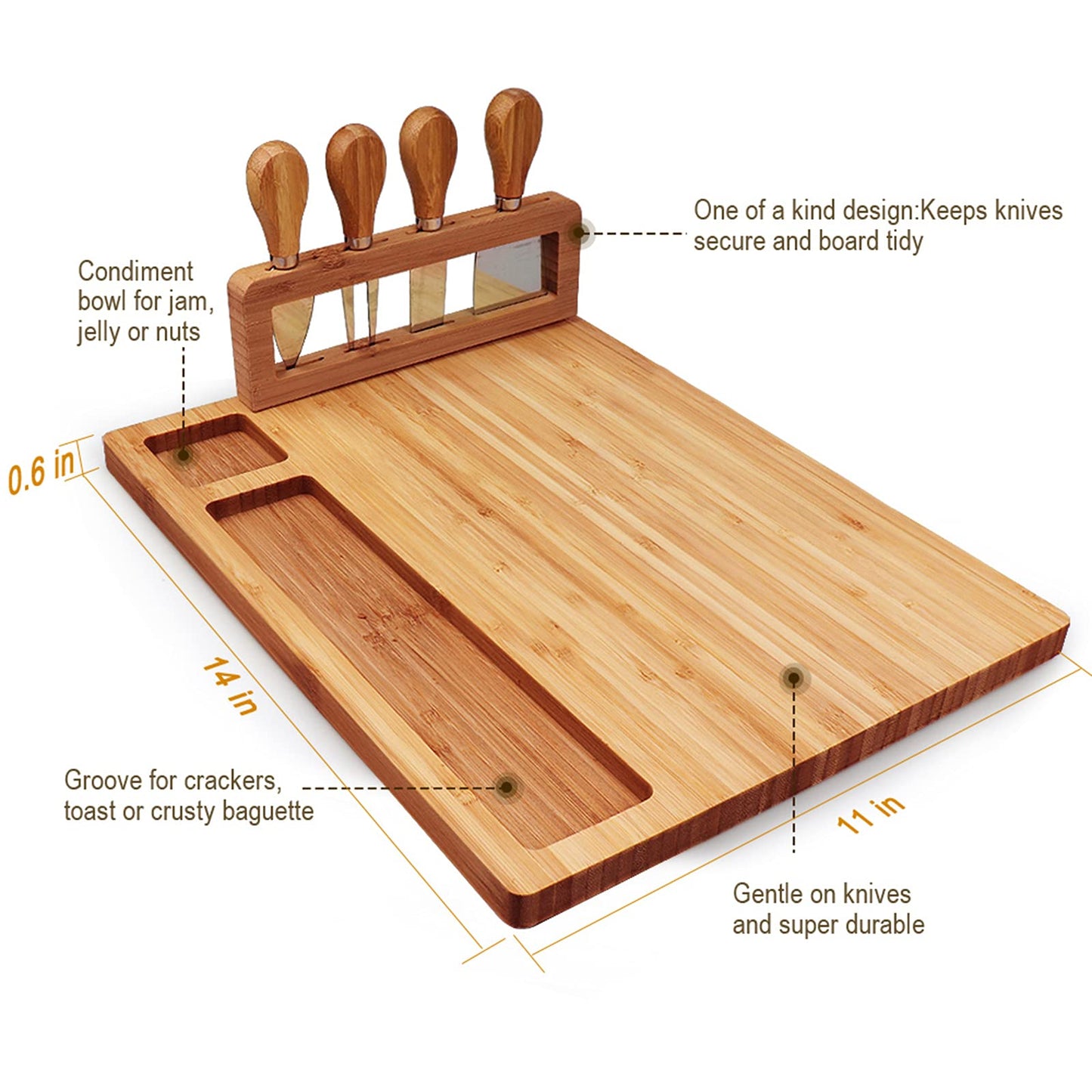 Widousy Bamboo Cheese Board Set, Cheese Tray, Charcuterie Board and Serving Meat Platter with 4 Stainless Steel Cheese Knives, Ideal for Wedding Gifts Christmas Birthday Party (14''x11'') - Medaid International