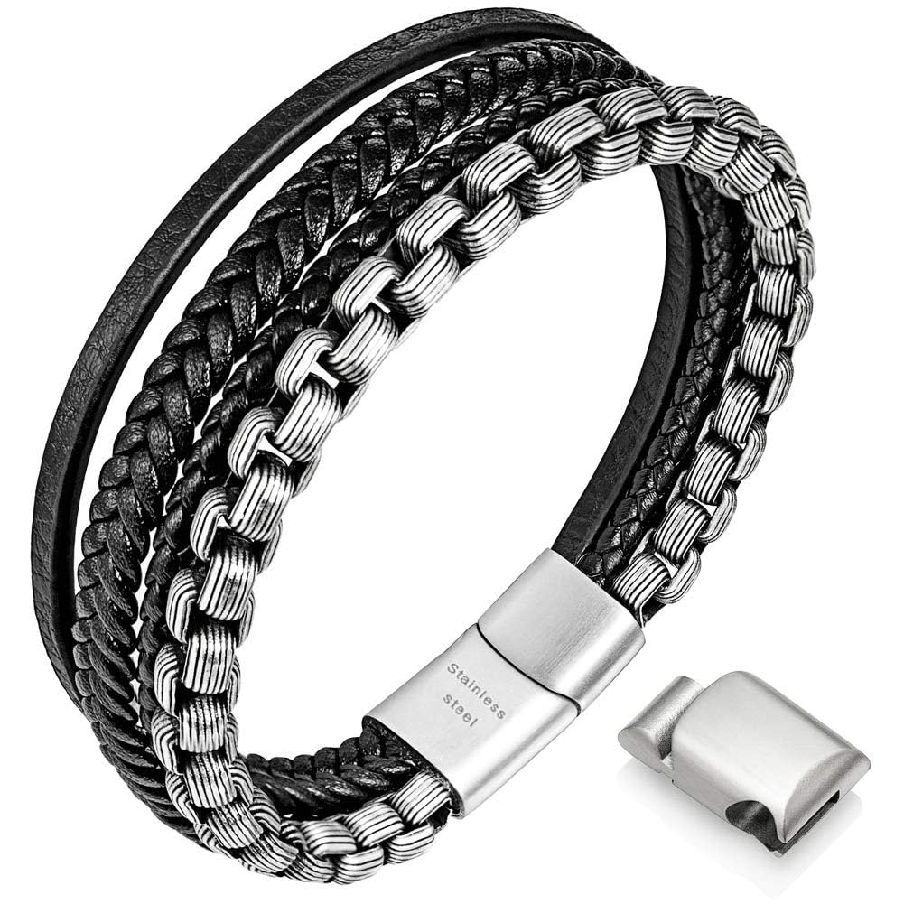 KASTWAVE Mens Bracelets, Adjustable Mens Leather Bracelet, Leather and Steel Bracelets, Chain Bracelets with Clasp, Steel Bracelets for Men