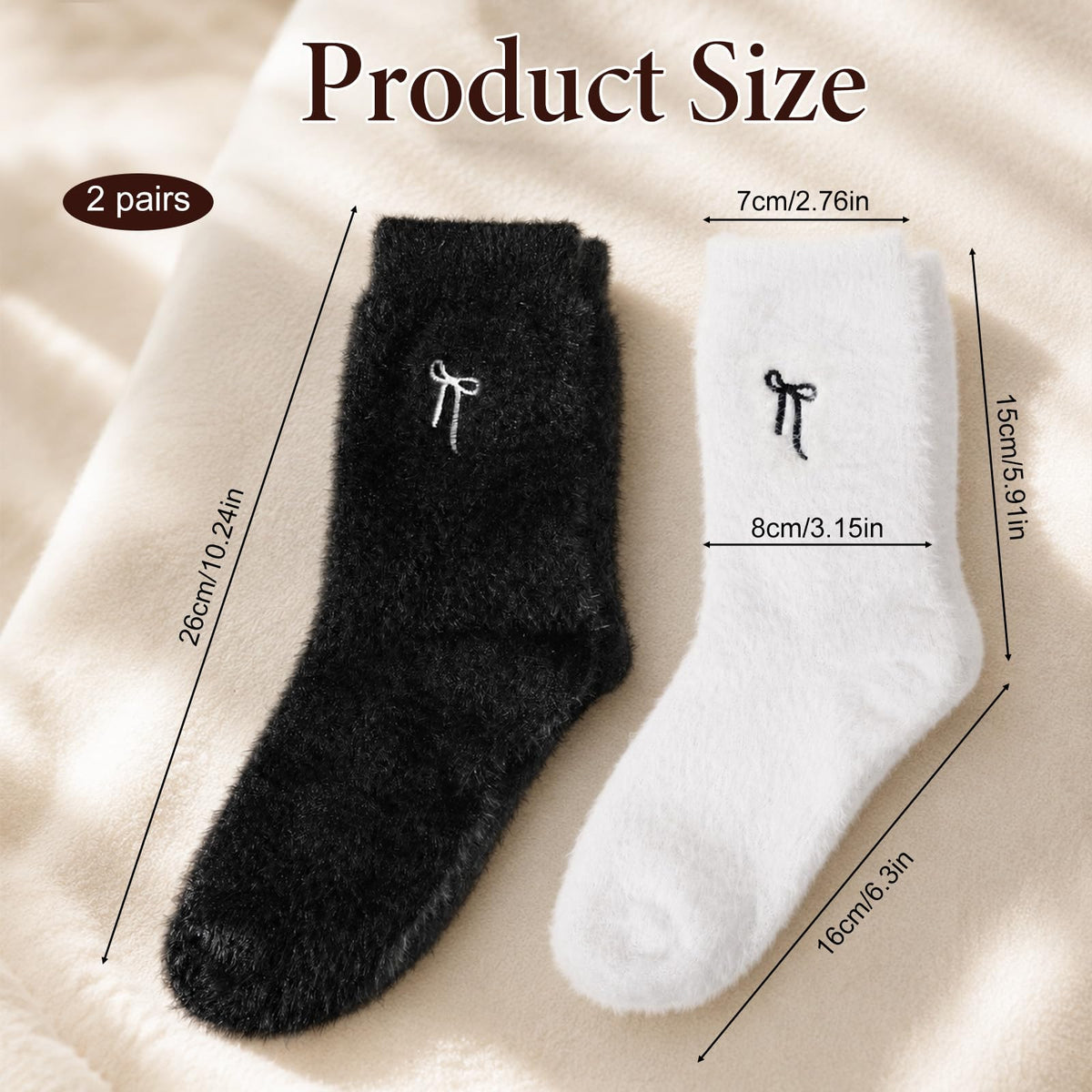 Women Fuzzy Socks, 2 Pairs, Plush Polyester, US Shoe Size 5-10