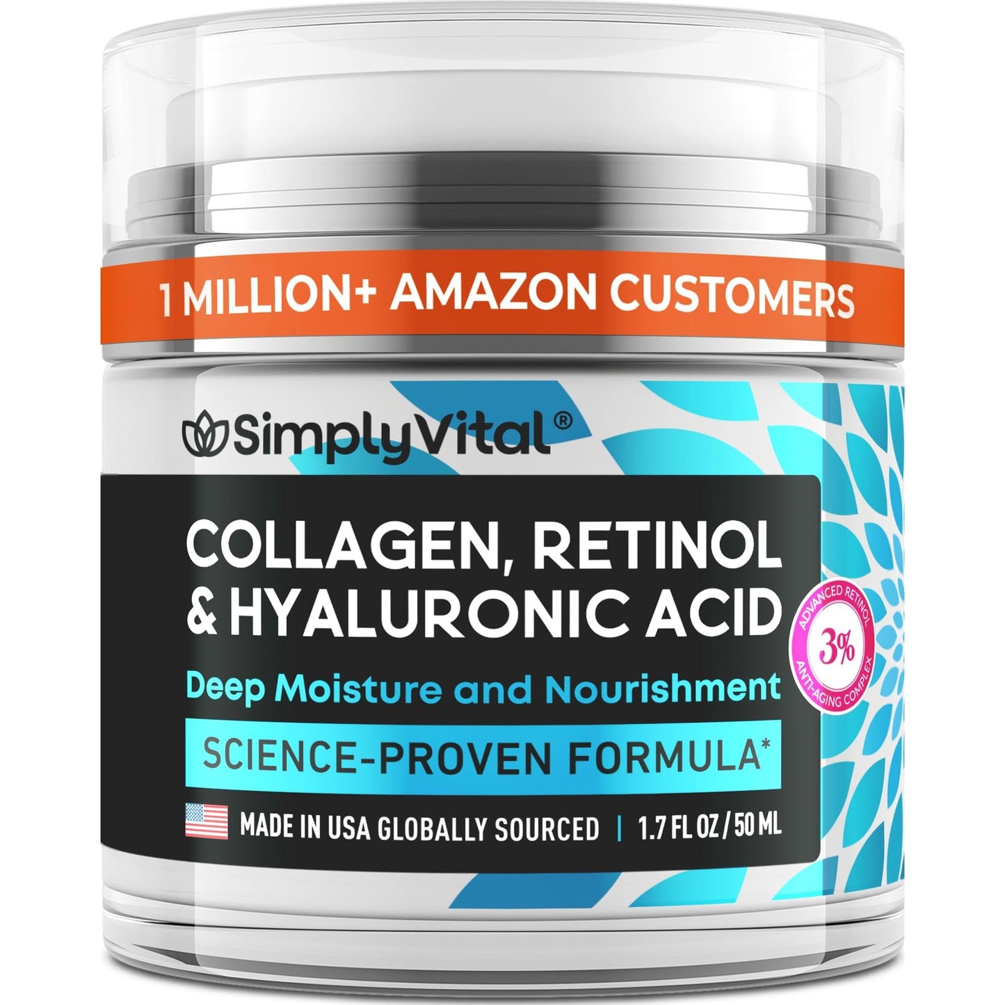 SimplyVital Collagen, Retinol & Hyaluronic Acid Cream - Anti-Aging Face Moisturizer for Face, Firming Skin Care Neck & Décolleté - Made in USA, Daily Moisturizer Face Cream Day & Night - 1.7 fl.oz. - Medaid International