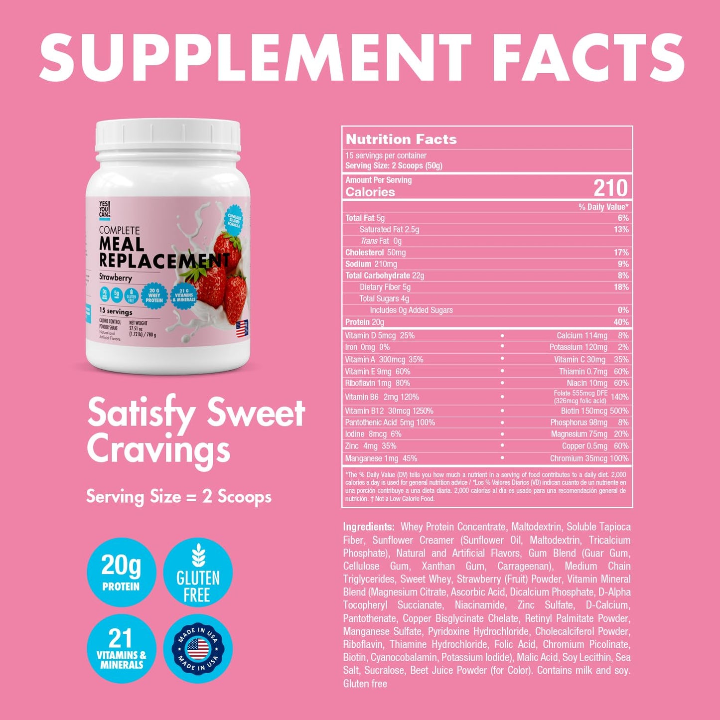 Yes You Can! Meal Replacement Shake - 20G Protein, 5G Fiber, 21 Vitamins & Minerals - Meal Replacement Protein Powder - Complete All-in-One Nutrition - 15 Servings (Strawberry) - Medaid International