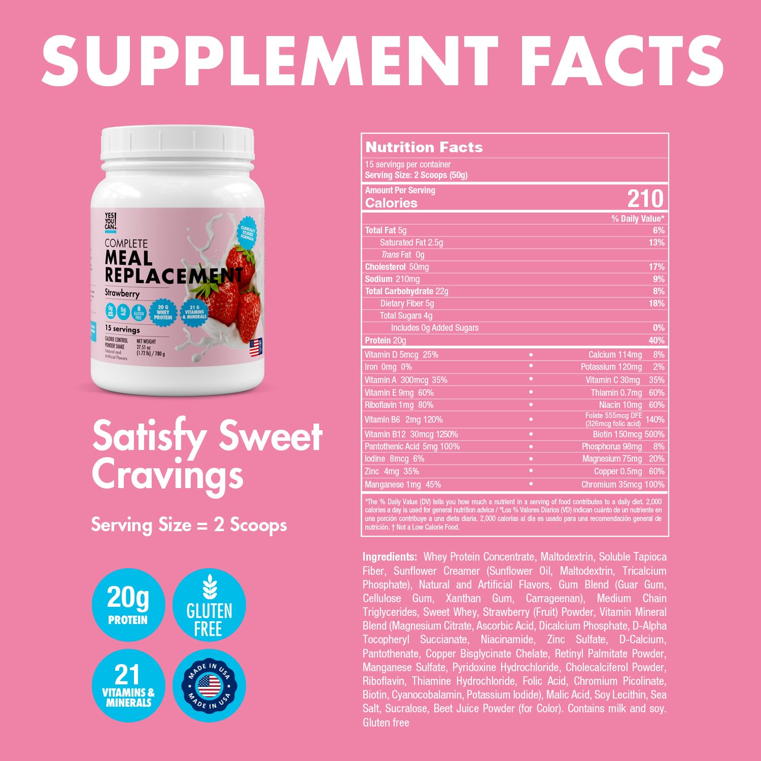 Yes You Can! Meal Replacement Shake - 20G Protein, 5G Fiber, 21 Vitamins & Minerals - Meal Replacement Protein Powder - Complete All-in-One Nutrition - 15 Servings (Strawberry) - Medaid International