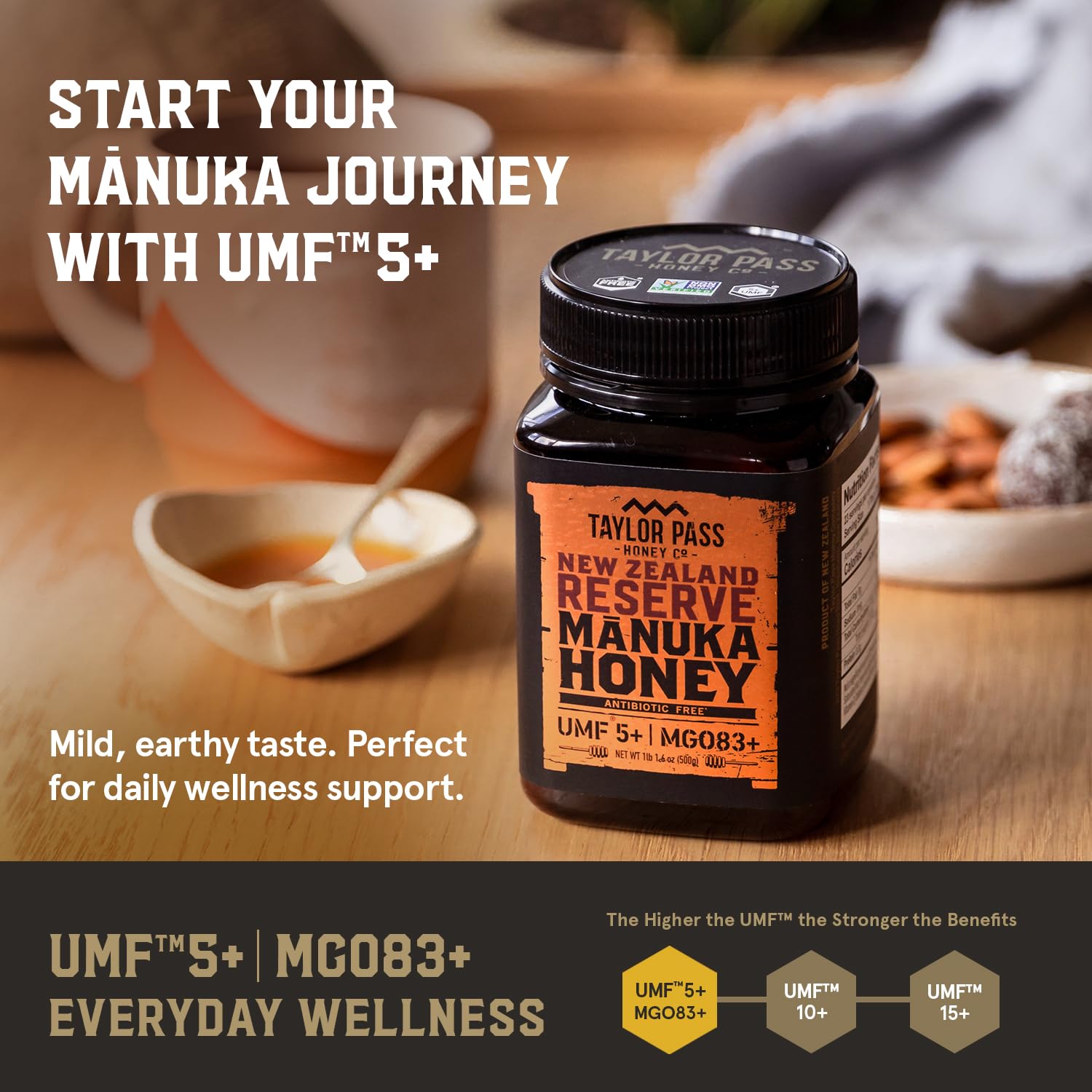 Taylor Pass Honey Co Manuka Honey UMF 5+ MGO 83+ | Monofloral New Zealand Honey | Sustainable, Non-GMO, Halal, UMF Certified | BPA-Free Jar | 500g 1lb 1.6 Oz - Medaid International
