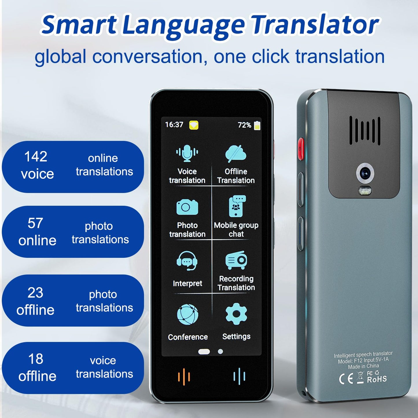 Language Translation Device, Intelligent AI Translator with 142 Languages, Offline Translation and Instant Two-Way Translation, Learn Travel Business Gifts (Gun-Grey) - Medaid International