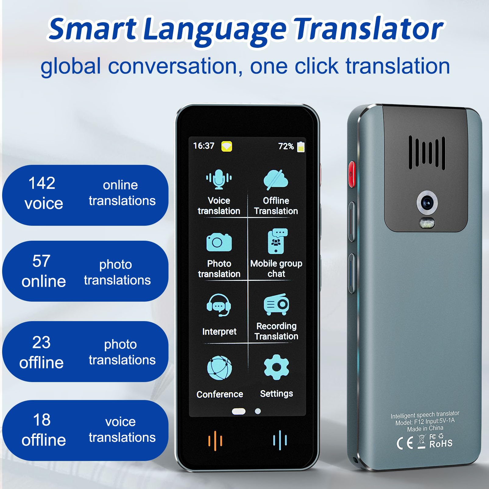 Language Translation Device, Intelligent AI Translator with 142 Languages, Offline Translation and Instant Two-Way Translation, Learn Travel Business Gifts (Gun-Grey) - Medaid International