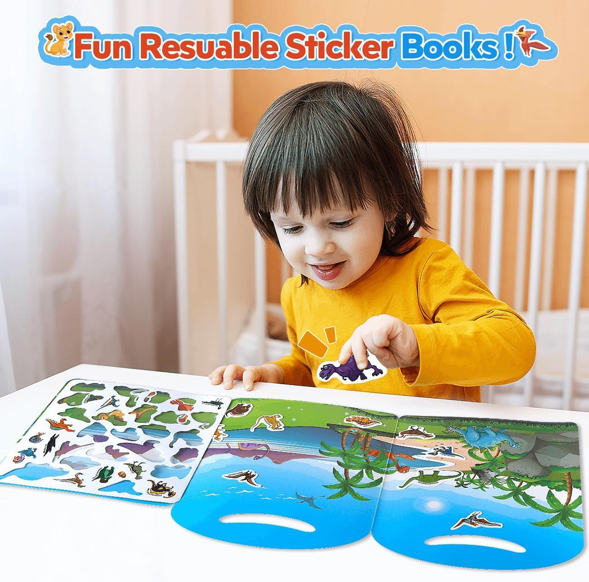 KASTWAVE 3 Set Reusable Stickers Books for Toddlers, Travel Toys Car Plane Activities - Busy Toys for 2 3 4 Year Old Boys Girls Birthday Gifts - Dinosaur+Animal+Vehicle