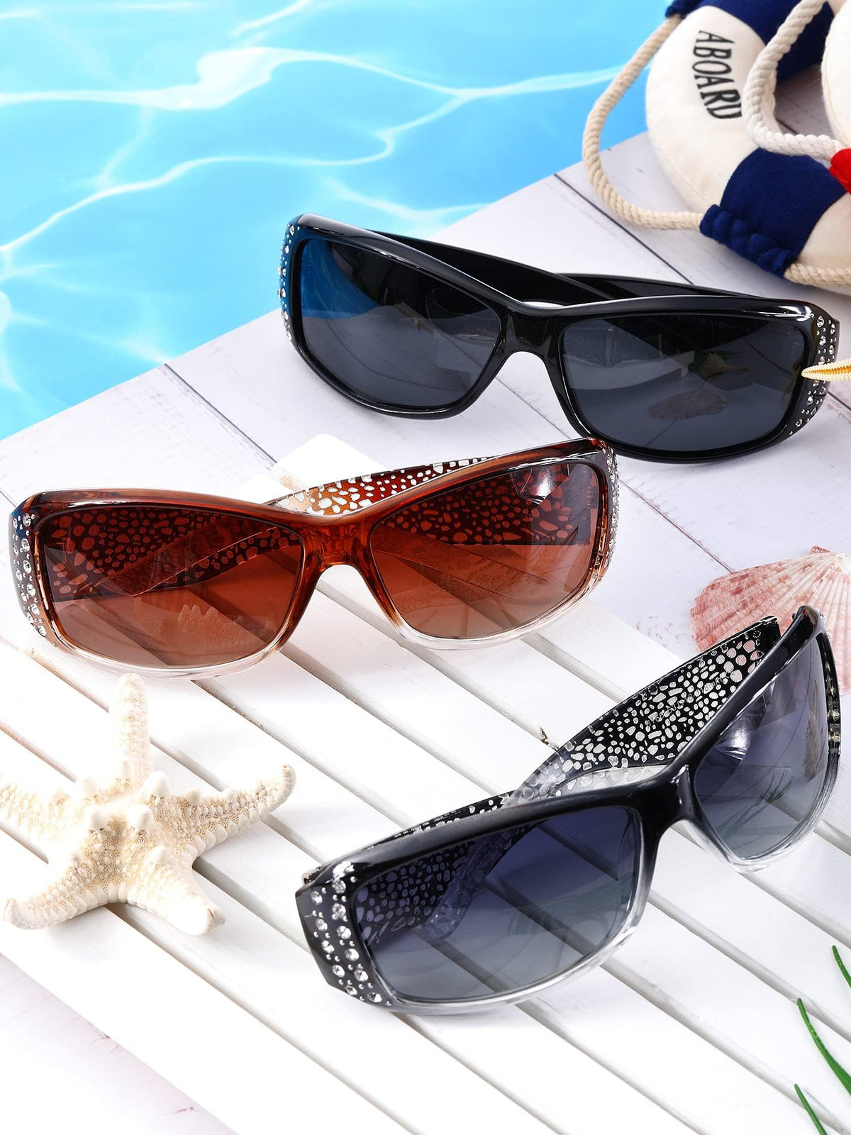 TERRIFI 3 Pairs Rhinestone Sunglasses Women Men Retro Wrap Around Glasses Crystal Oversized Trendy Bling Vintage Sunglasses