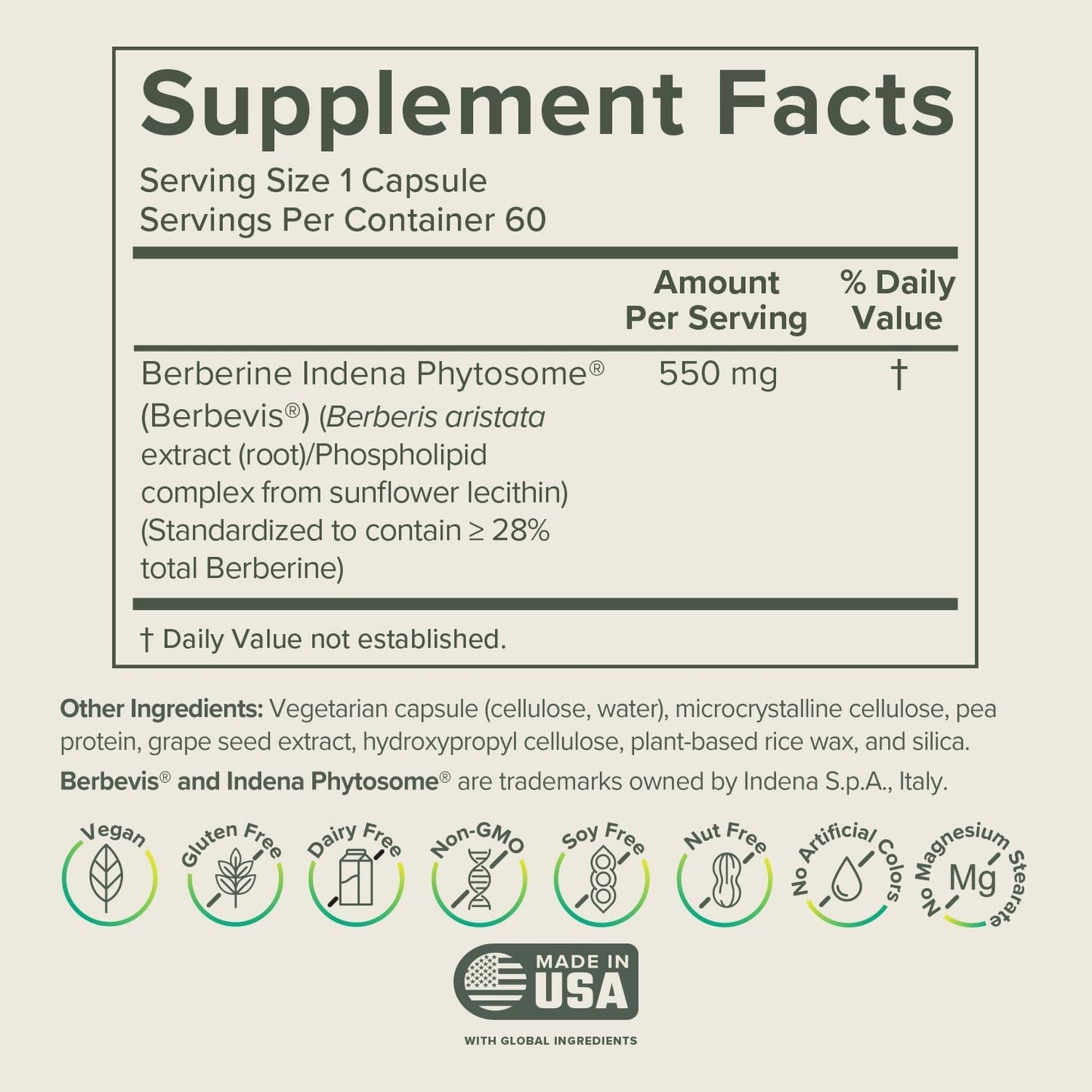 Prominent Nutrition Berberine Phytosome Supplement, Healthy Gut Support, 550 mg, 60 Count - 1 Pack - Medaid International