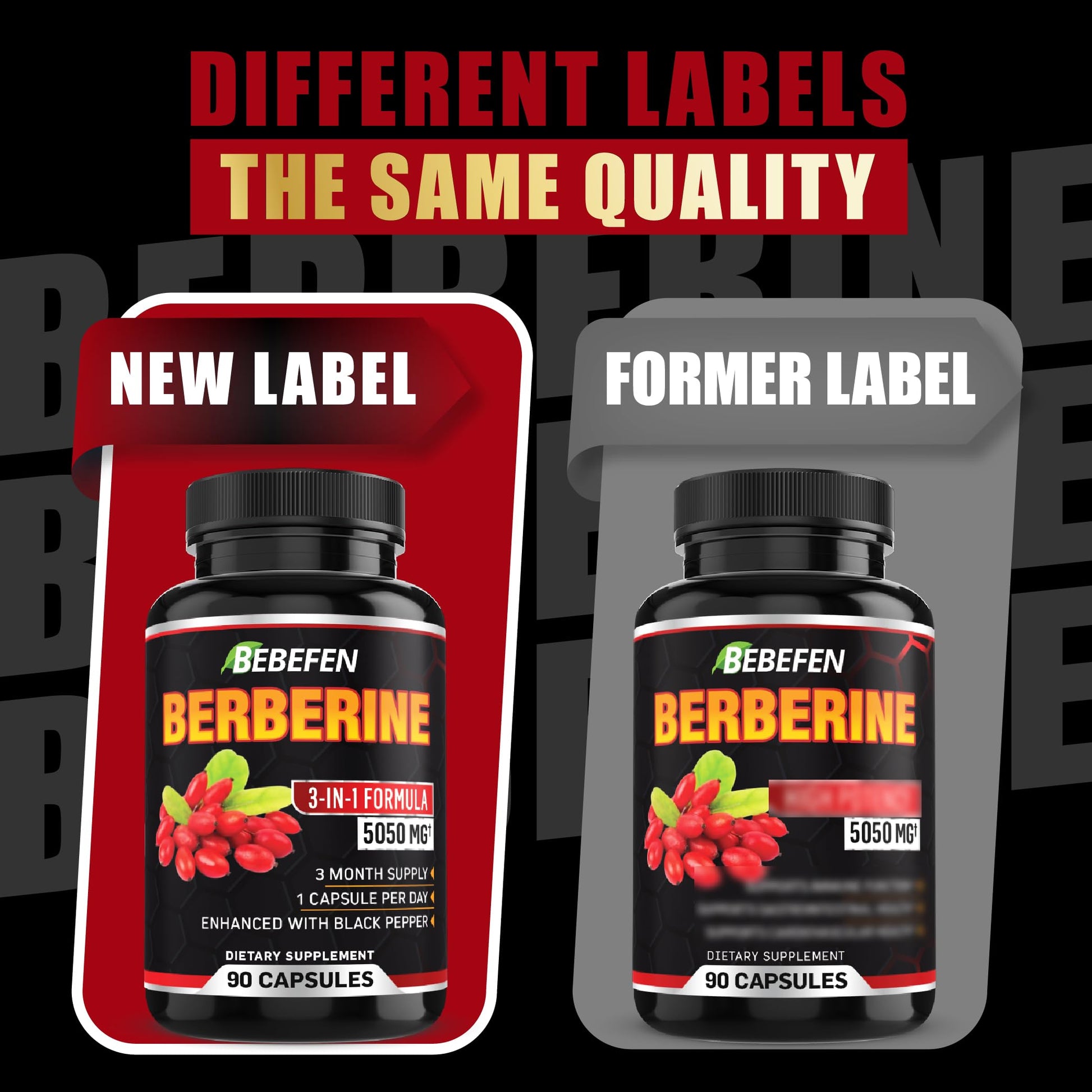BEBEFEN Berberine Capsules with Black Pepper Extract - 90 Capsules - 3 Month Supply - Medaid International