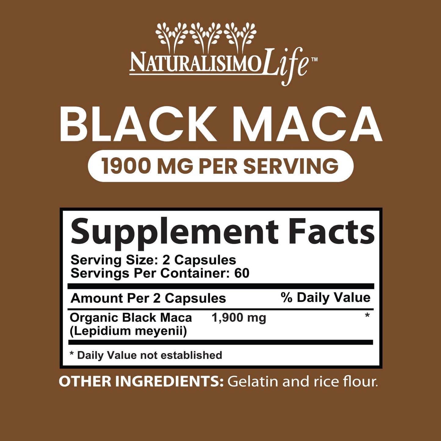 Organic Black Maca 1,900 mg per Serving Natural Energy Booster Peruvian Maca for Men & Women 120 Capsules - Medaid International