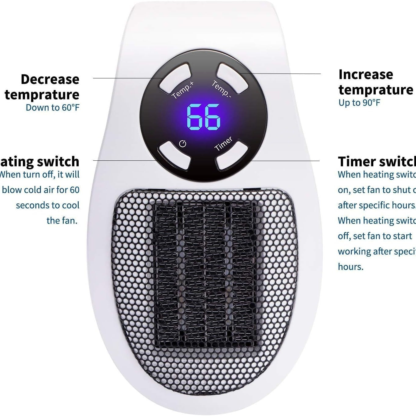 Wall Space Heater 450W Remote Portable Electric Heate