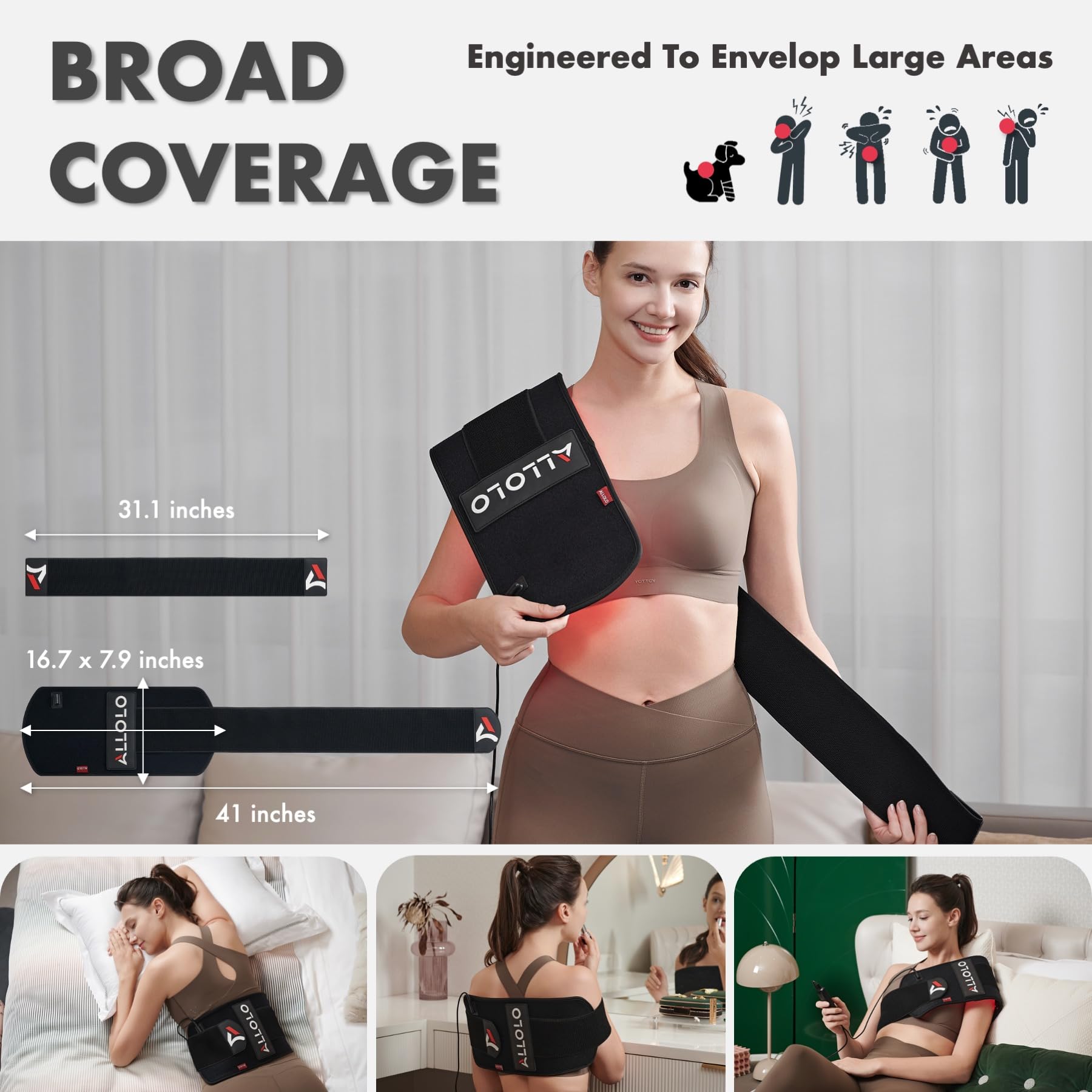 ALLOLO Red Light Therapy for Body, 16.7"*7.9" 660nm&850nm Infrared Red Light Therapy Belt with Pulse for Back Waist Muscle Pain Relief, 3-in-1 LED Bead with Controller Timer Gift for Women Men - Medaid International