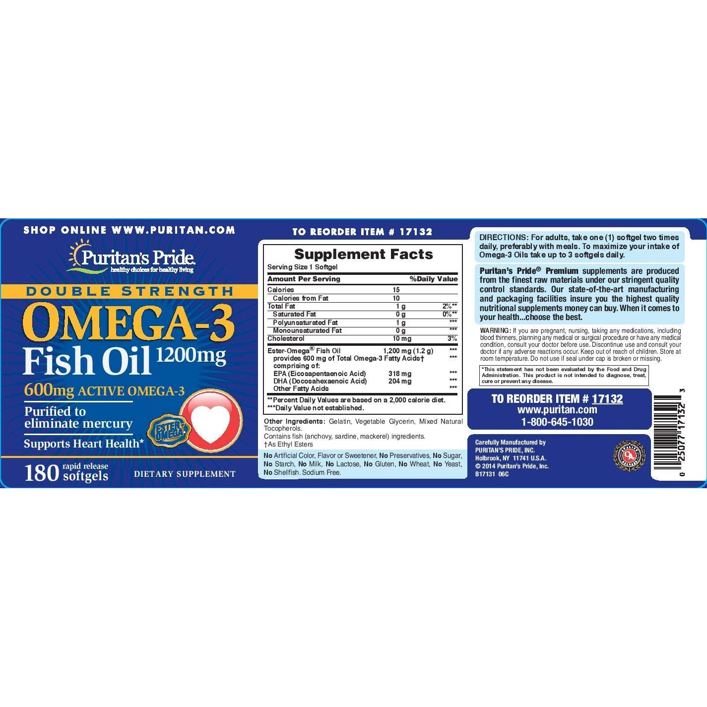 Puritan's Pride Omega-3 Fish Oil 1200 Mg, 180 Count - Medaid International