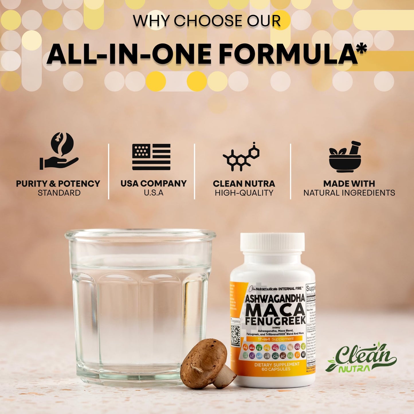 Clean Nutraceuticals Ashwagandha Maca Root Fenugreek Supplement with Tongkat Ali Ginseng - Assists with Stress, Mood & Thyroid - Ashwagandha Capsules Fenugreek Caps - 1 Pack - Medaid International