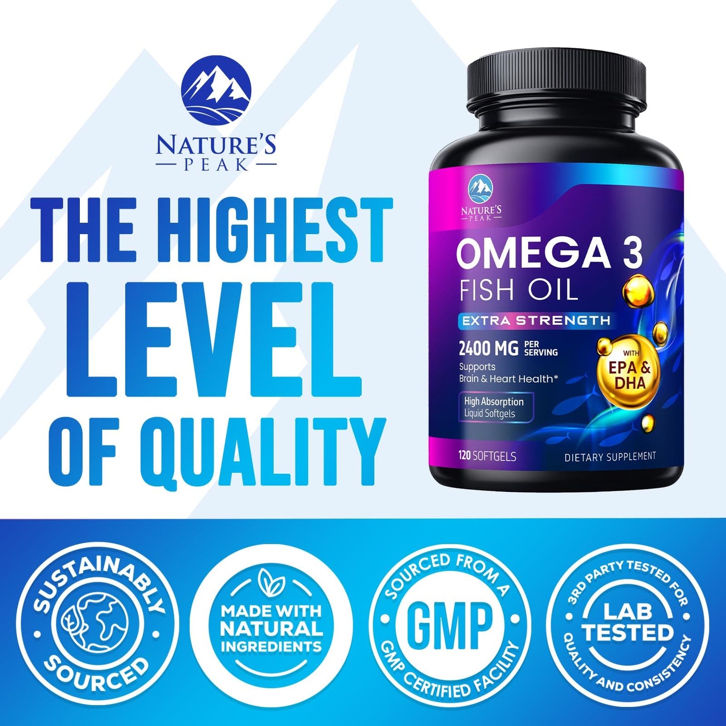 Omega 3 Fish Oil 2400 mg Supplement, Sustainably Sourced, Triple Strength Omega-3 Supplement Softgels, Brain Health Support, EPA & DHA Fish Oil Fatty Acids Supplements, Gluten & GMO Free, 120 Softgels - Medaid International