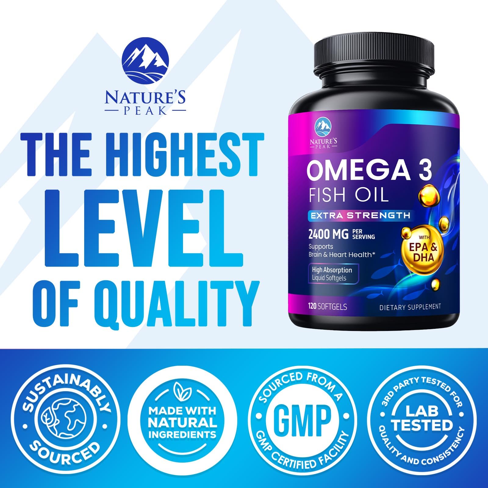 Omega 3 Fish Oil 2400 mg Supplement, Sustainably Sourced, Triple Strength Omega-3 Supplement Softgels, Brain Health Support, EPA & DHA Fish Oil Fatty Acids Supplements, Gluten & GMO Free, 120 Softgels - Medaid International