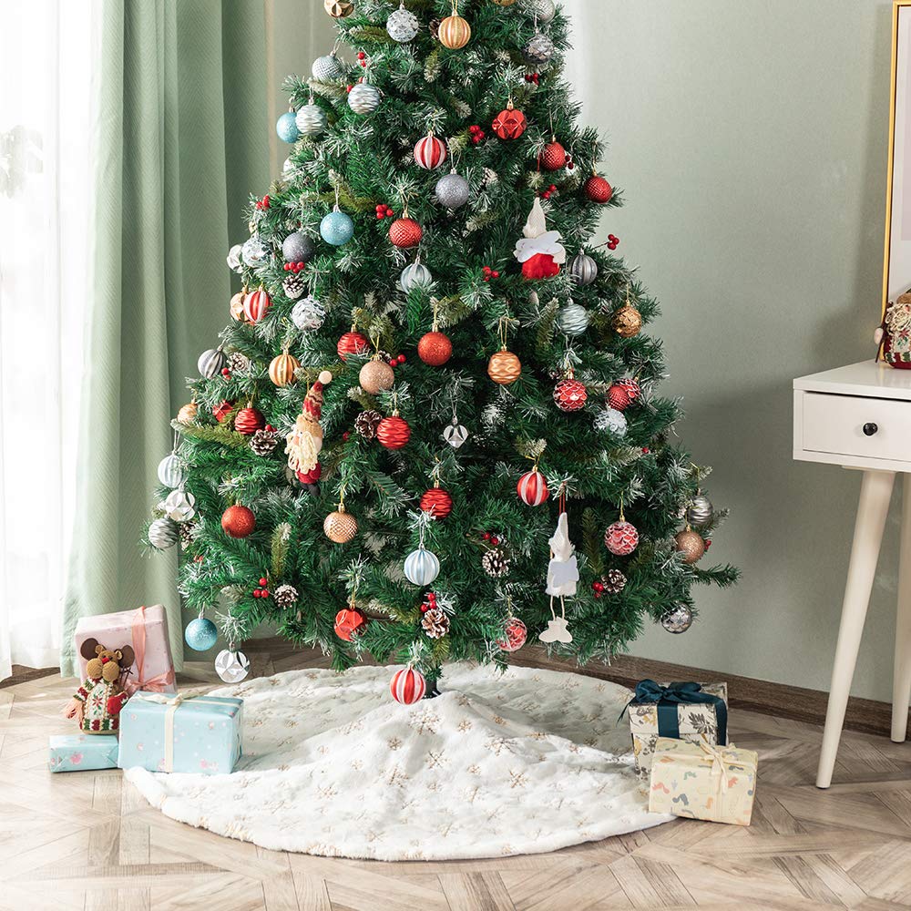 Amidaky Christmas Tree Skirt 36 inches White Faux Fur Gold Snowflake Sequin Embroidered Luxury Tree Skirt Xmas Decoration - Medaid International