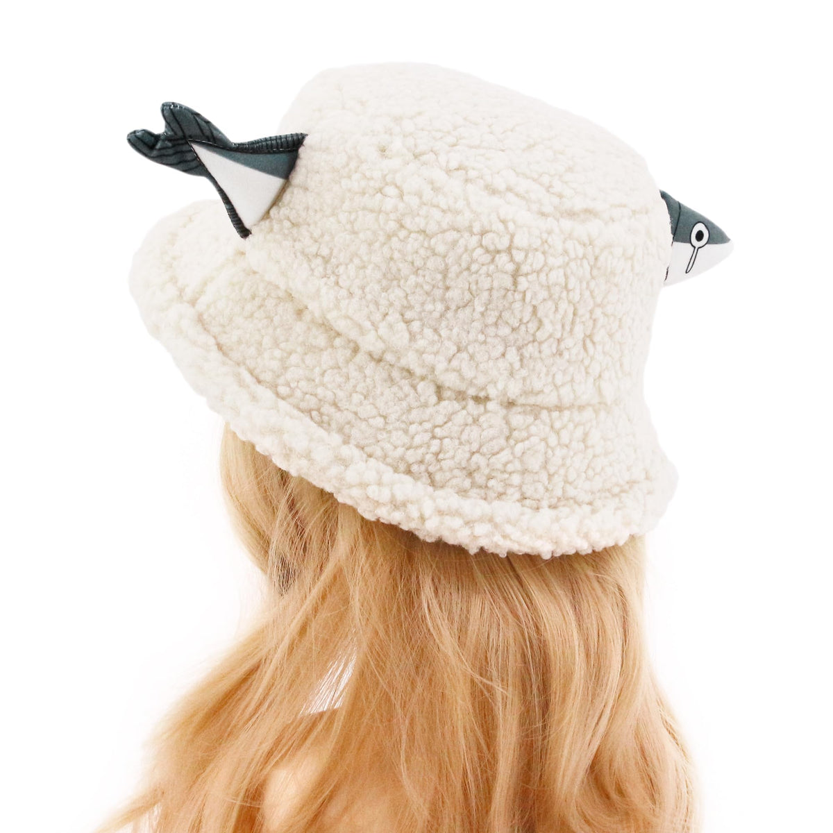 KASTWAVE Fuzzy Sherpa Bucket Hat for Men & Women, Funny Fish Design Teddy Style Winter Fisherman Cap, Warm & Cozy, Adjustable, White (Size M: 56-58cm)
