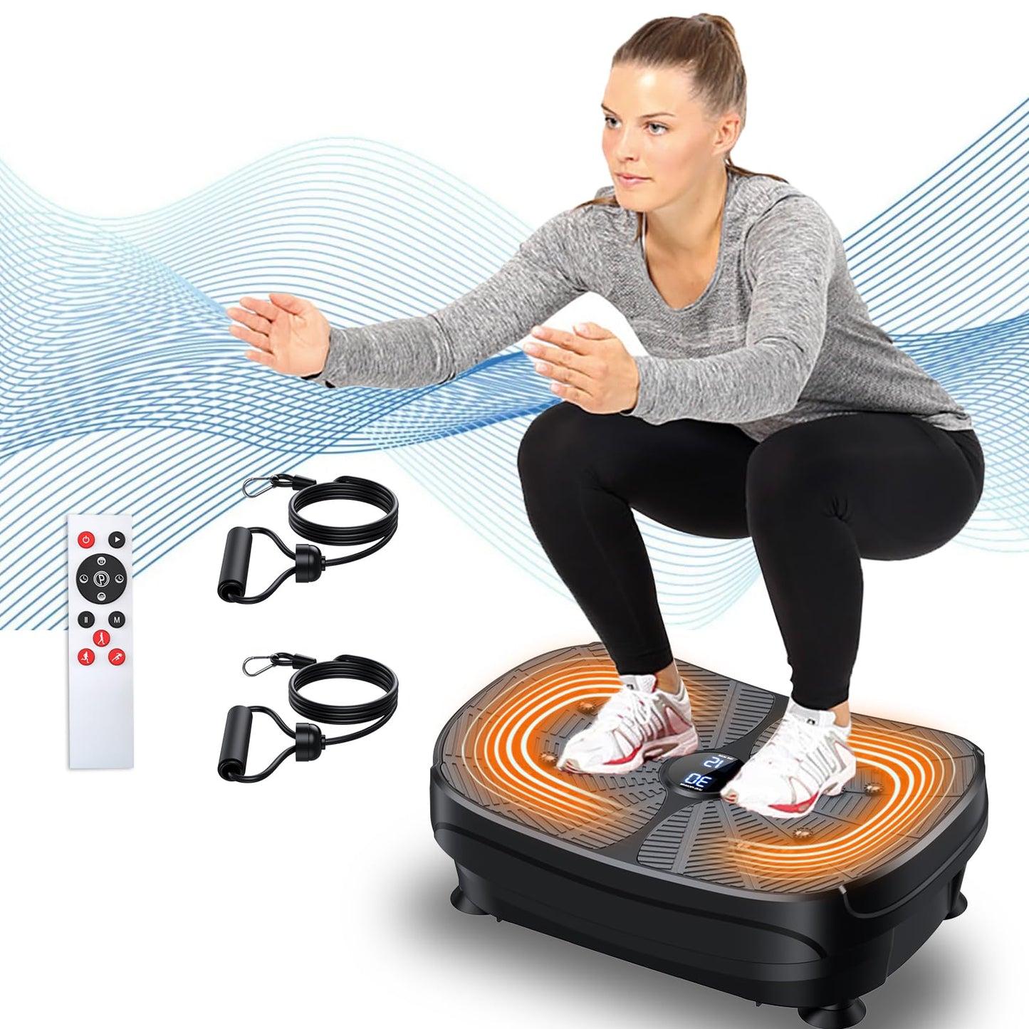 Vibration Plate Exercise Machine, PBYRD Portable Full Body Vibration Platform for Lymphatic Drainage, 9 Preset Auto Mode Fitness Board for Weight Loss Shaping, with Resistance Bands, 99 Levels