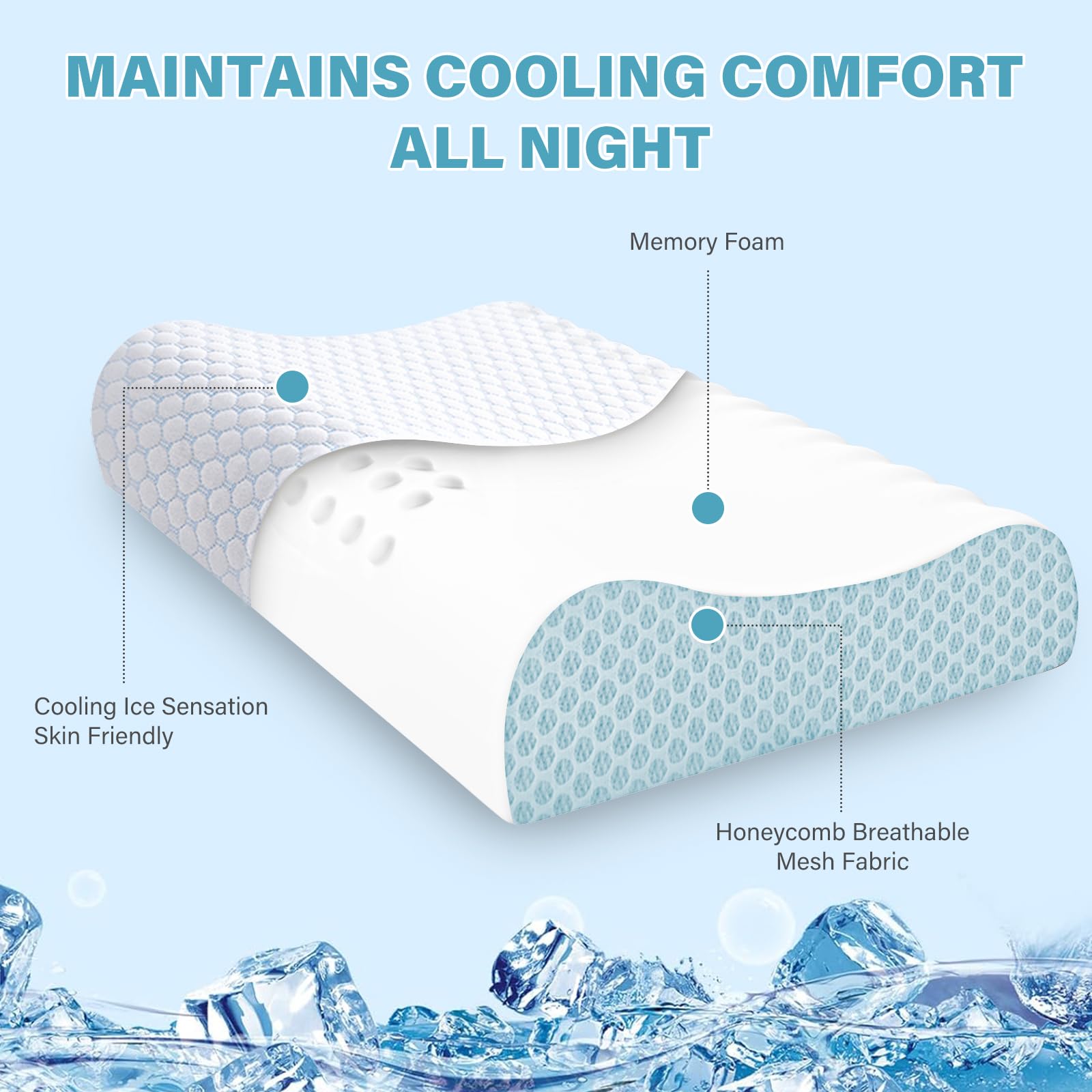 2 Pack Memory Foam Cooling Bed Pillows for Sleeping, Ergonomic Cervical Pillow for Neck and Shoulder Pain Relief, Adjustable Cold Pillow Set of 2,with Pillowcase（Blue） - Medaid International