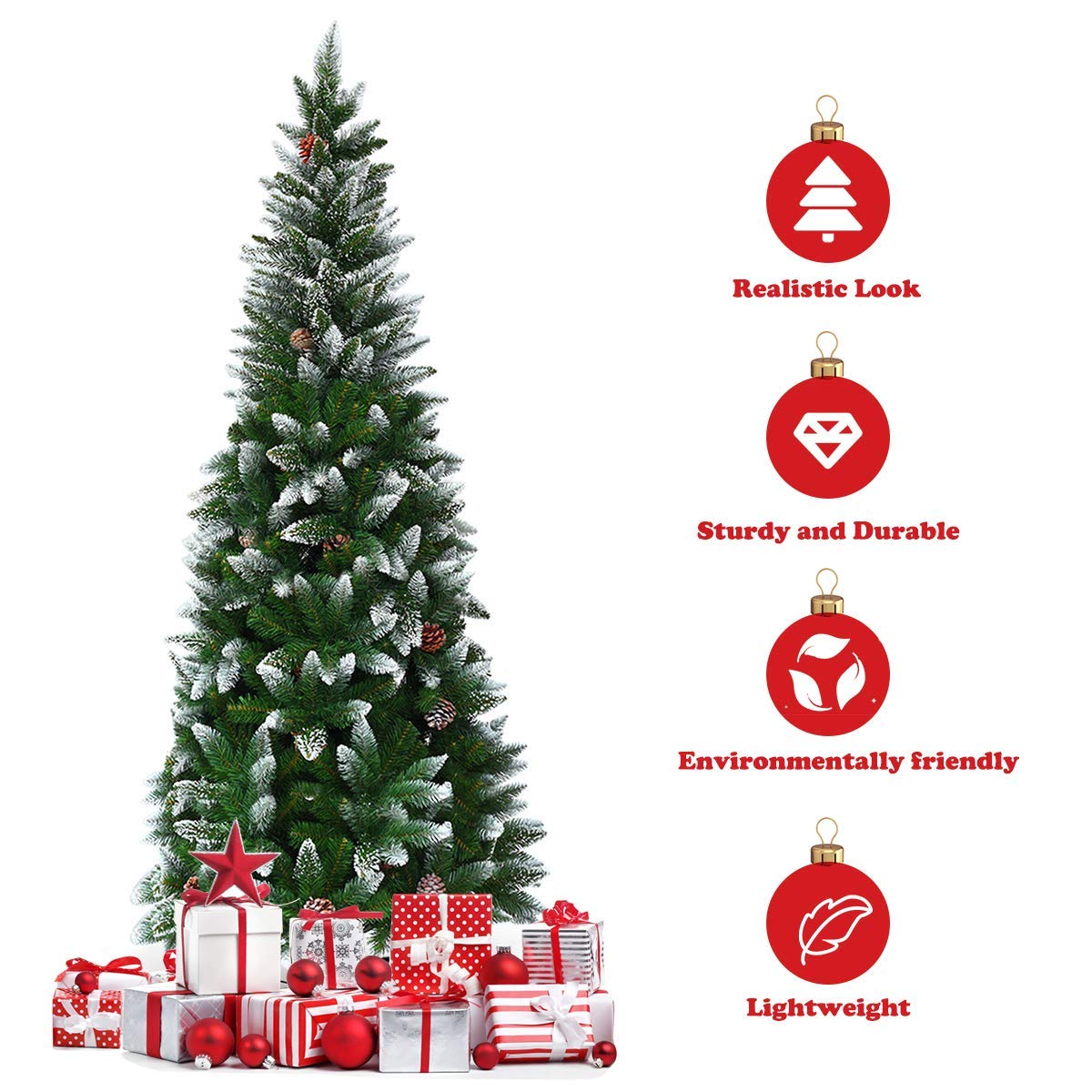 SPSUPE Artificial Pencil Christmas Tree, Snow Flocked Tree with Metal Stand, Pine Cones Decoration, Ideal for Festival Indoor Outdoor Décor (5 ft) (Christmas Tree) - Medaid International