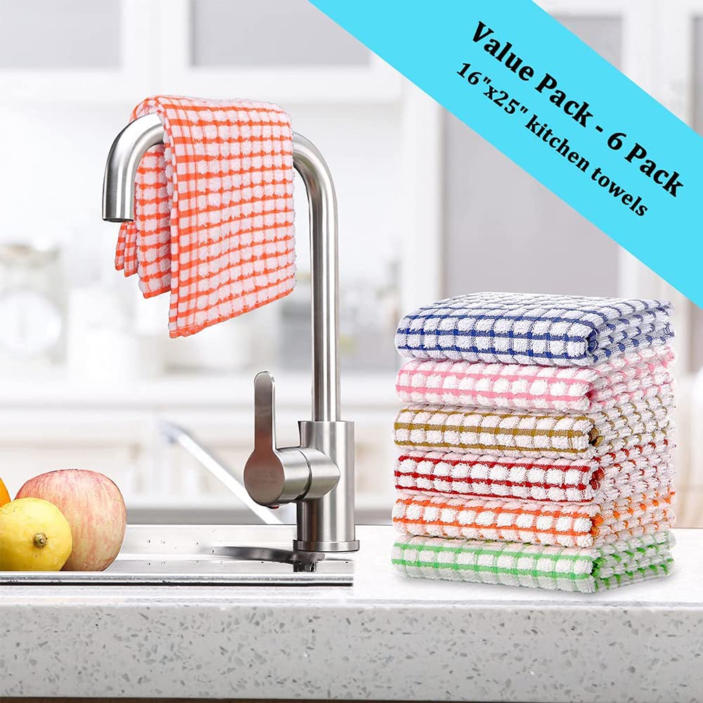 KASTWAVE Kitchen Dish Towels, 16 Inch x 25 Inch Bulk Cotton Kitchen Towels, 6 Pack Dish Cloths for Dish Rags for Drying Dishes Clothes and Dish Towels