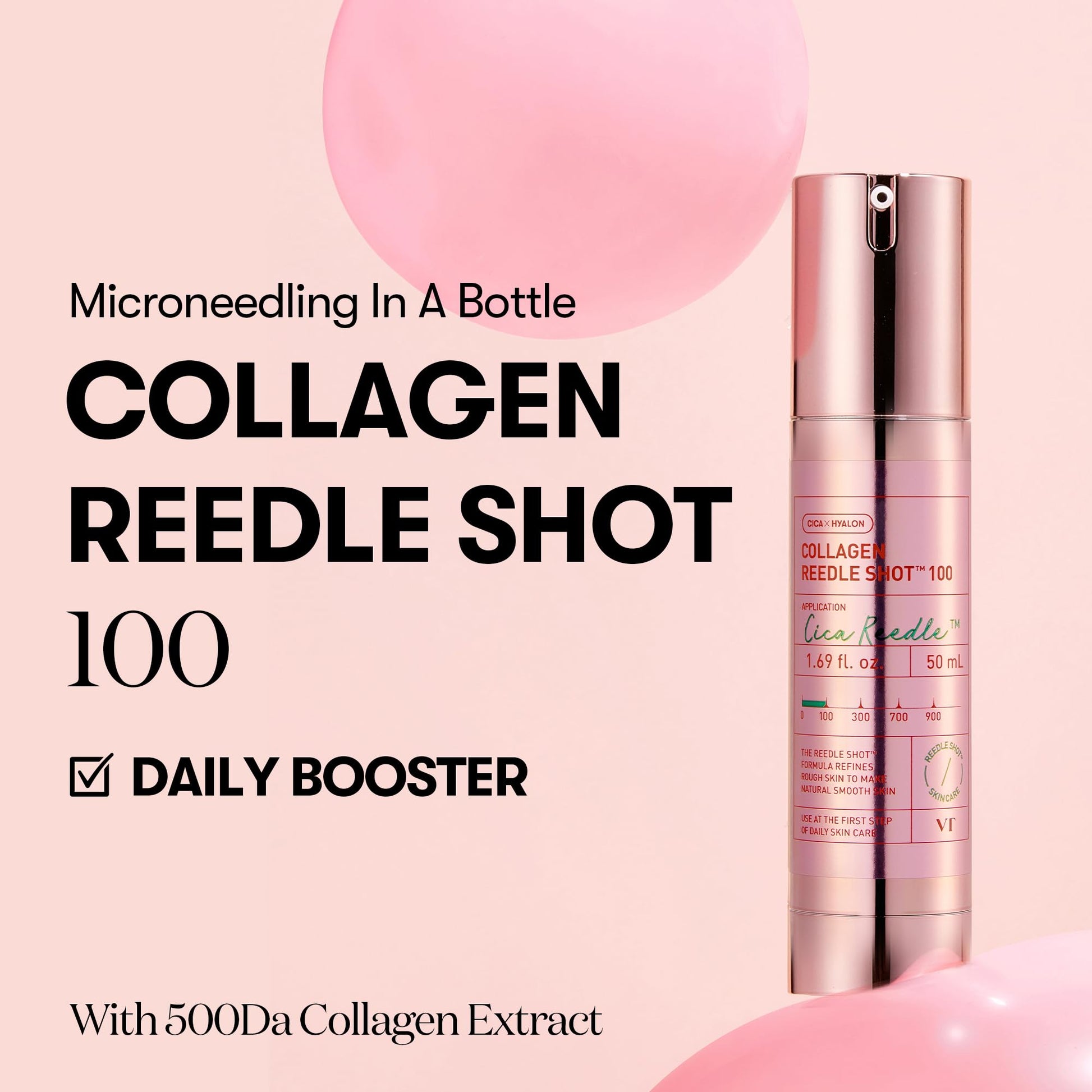 VT COSMETICS Collagen Reedle Shot 100, Microneedling Serum, Firming & Elasticity, 500Da Collagen Extract, Soft & Glass Skin, Pink Serum, Korean Skin Booster 1.69Fl Oz(50ml) - Medaid International
