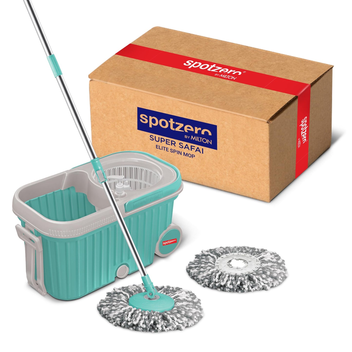 Spotzero by Milton Spin mop Bucket with Wringer on Wheels, Extendable Handle 360 Spin mops for Floor Cleaning, 2 Microfiber Refills, Aqua Green Elite - Medaid International