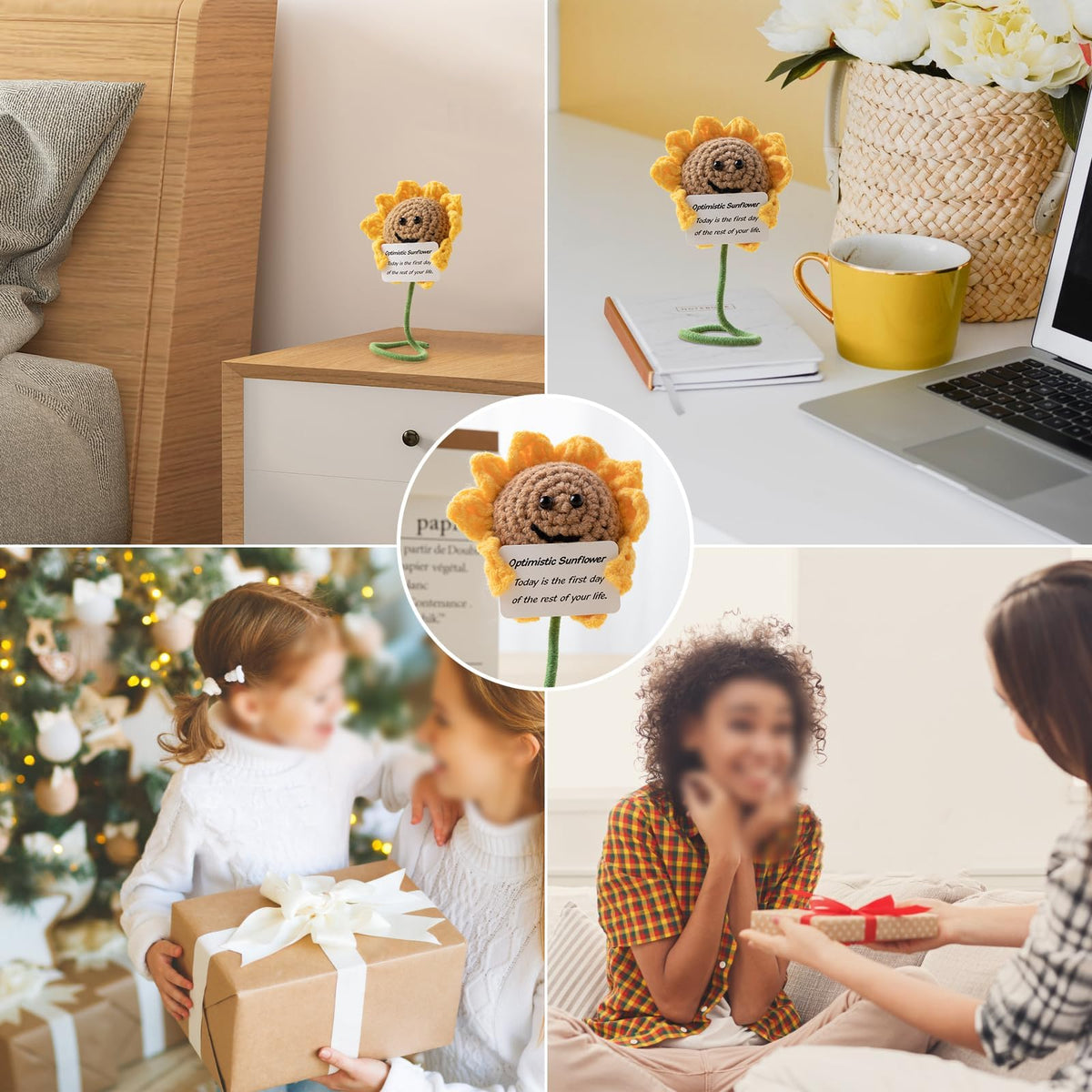KASTWAVE Positive Flower Doll, Gifts Funny Crochet Flower Knitted Toy with Positive Card, Soft Handmade Wool Knitted Encouragement Gifts for Birthday Gifts, Room Decor, Positive Sunflower