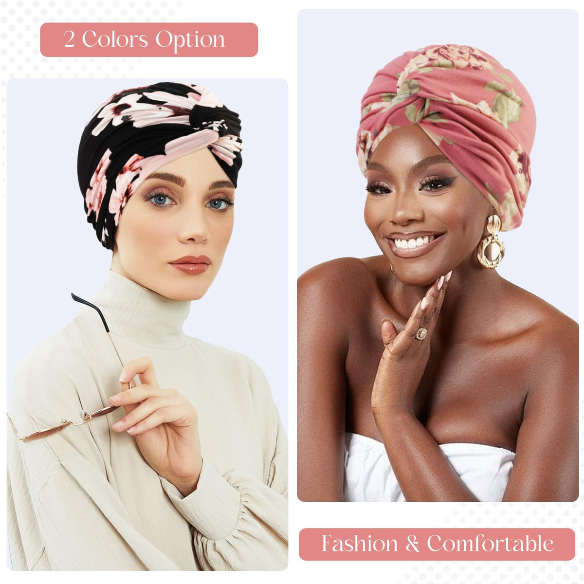 KASTWAVE 2-Pack Soft Elastic Turbans for Women, Adjustable Printed Pre-Tied Head Wraps, Comfortable Chemo Headwear for Hair Loss