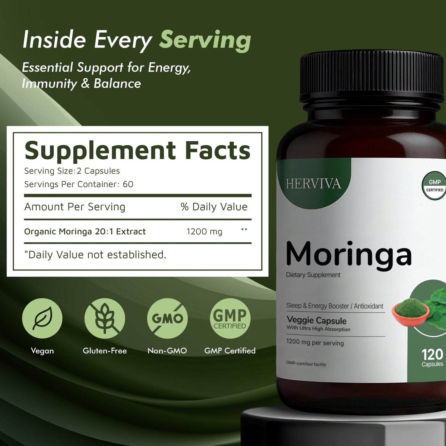 HERVIVA Moringa Capsules-1200 mg of Organic Moringa –Vegan Capsules - Medaid International