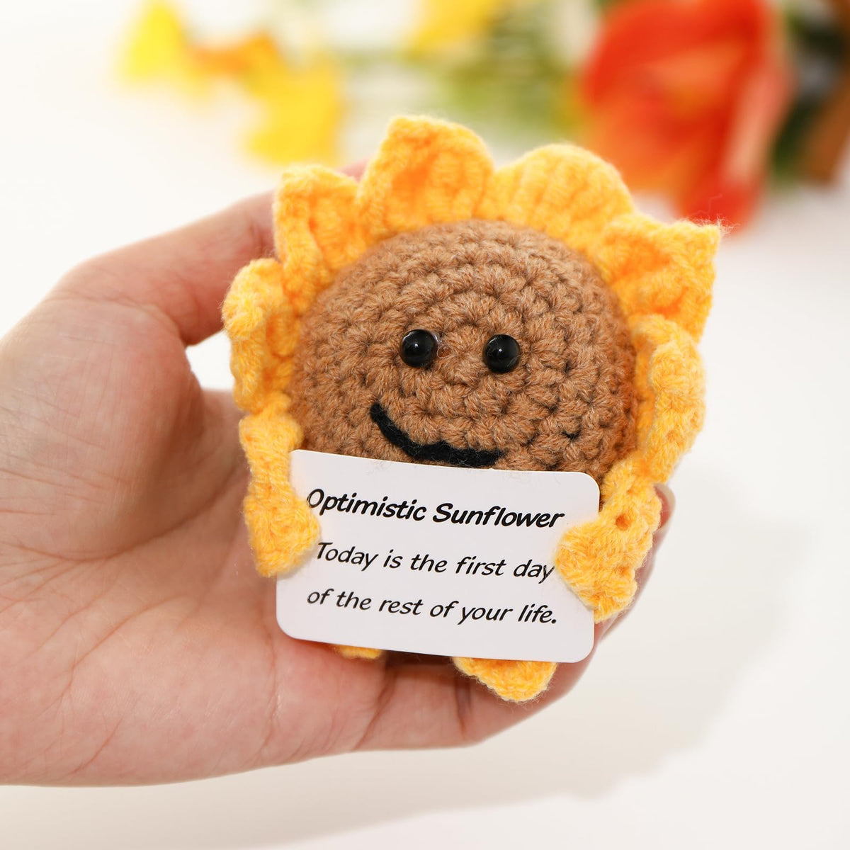 KASTWAVE Positive Flower Doll, Gifts Funny Crochet Flower Knitted Toy with Positive Card, Soft Handmade Wool Knitted Encouragement Gifts for Birthday Gifts, Room Decor, Positive Sunflower