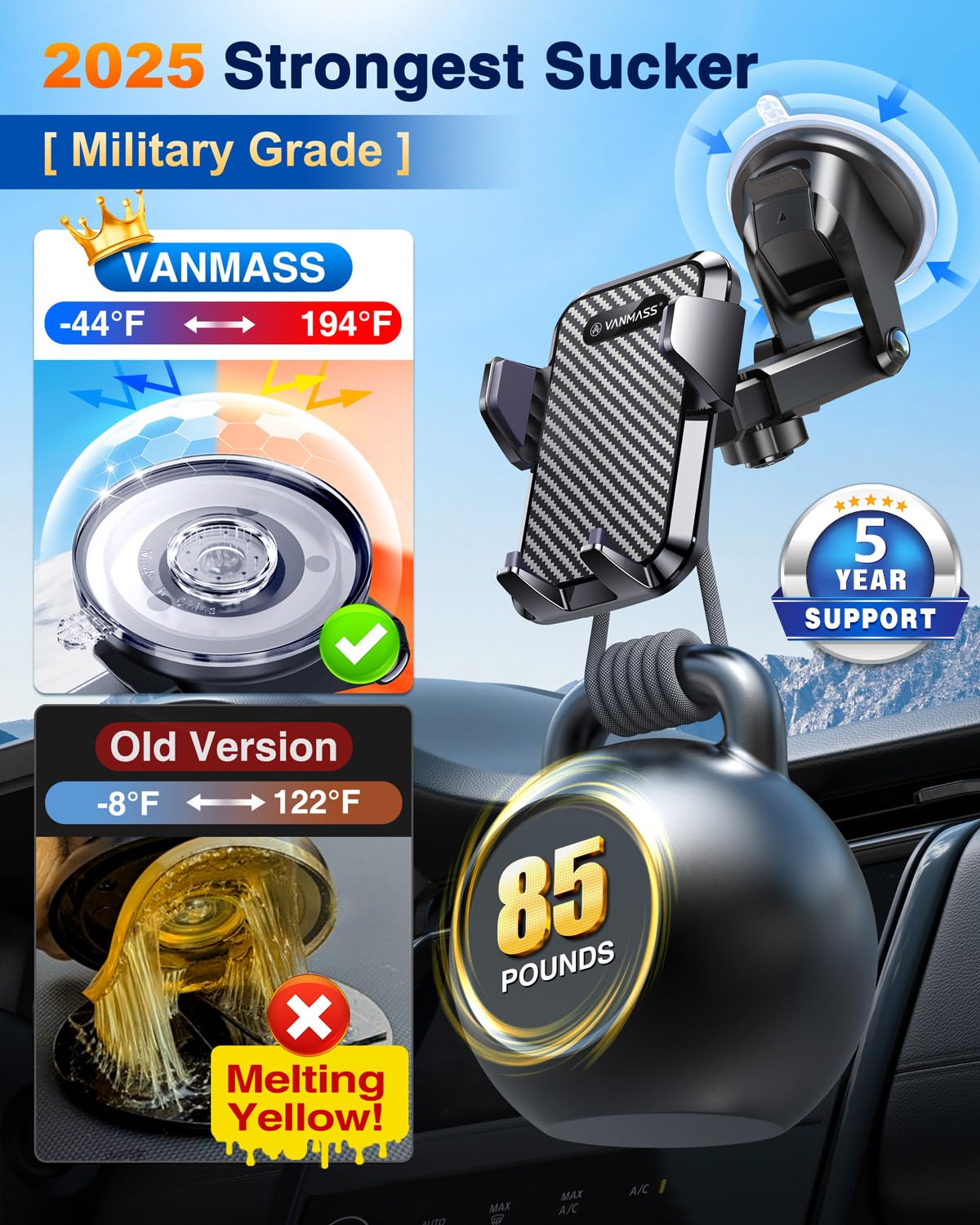 VANMASS 【85+LBS Strongest Suction & Military-Grade 2025 Ultimate Car Phone Mount【Patent & Safety Certs】 Cell Phone Holder Truck Stand for Dashboard Windshield Vent for iPhone 17 Pro Max 16 15 Samsung - Medaid International
