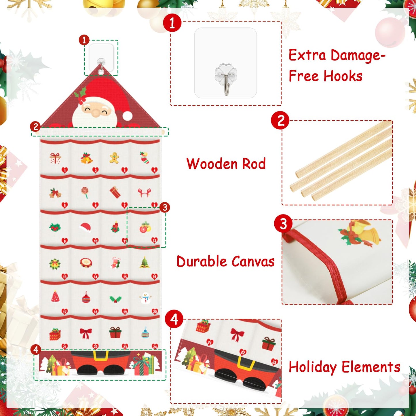Auch Santa Advent Calendar 24 Days Hanging Wall Decoration, Fabric Christmas Countdown Calendar with Pockets for Candy Gifts, Reusable Xmas Decor for Kids Family Home - Medaid International