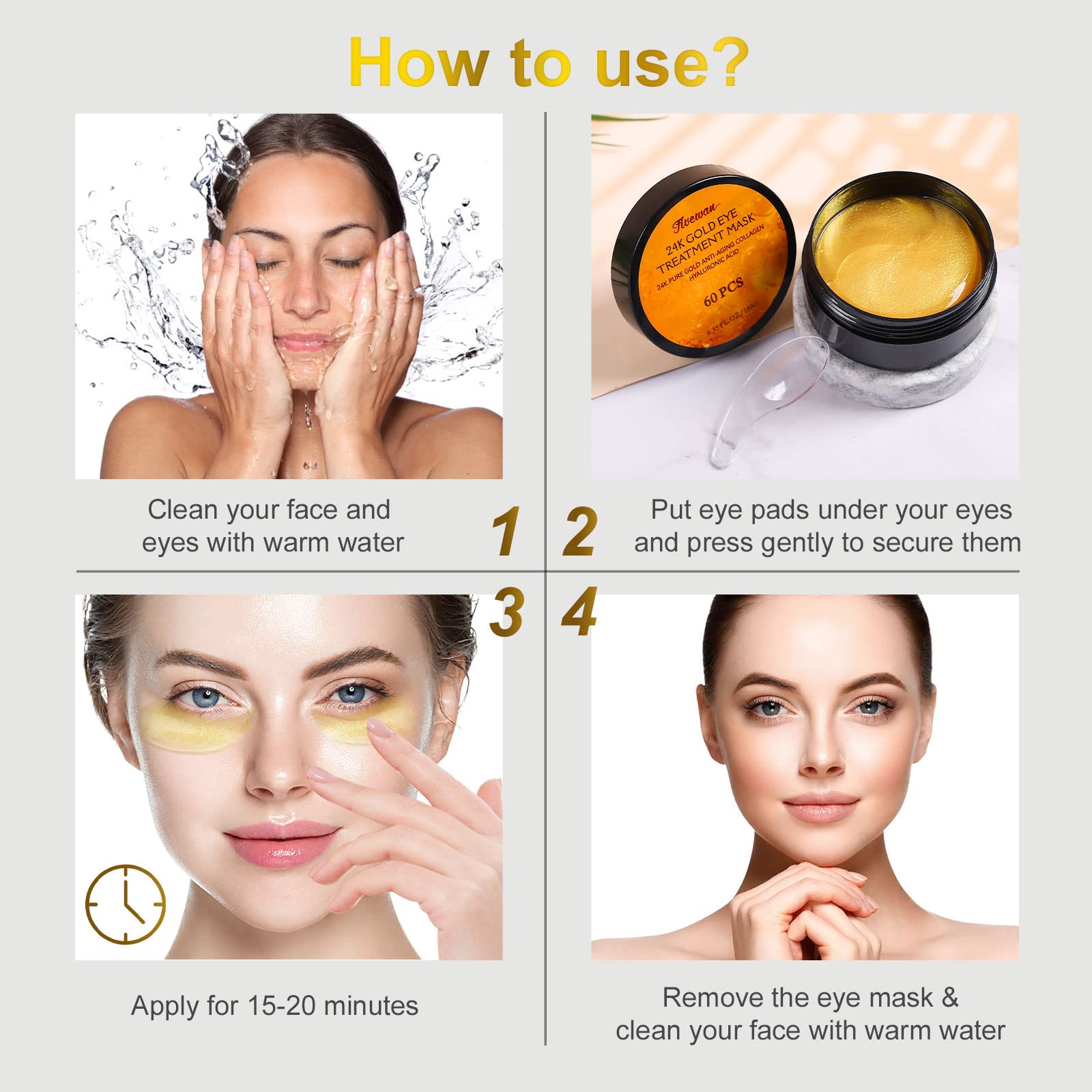 Fivewan 24k Gold Under Eye Patches - 60 Pcs Eye Mask Pure Gold Anti-Aging Collagen Hyaluronic Acid Under Eye Mask for Removing Dark Circles, Puffiness & Wrinkles Refresh Your Skin - Medaid International