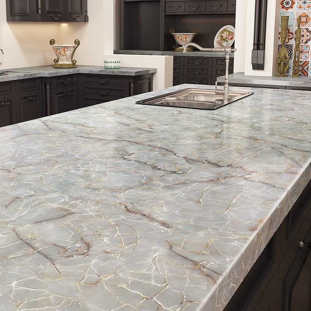 Livelynine Green Marble Countertop Contact Paper Waterproof Peel and Stick Countertops Kitchen Wallpaper Marble Vinyl Wrap Kitchen Counter Top Covers Self Adhesive Covering Desk Table 15.8x78.8 - Medaid International