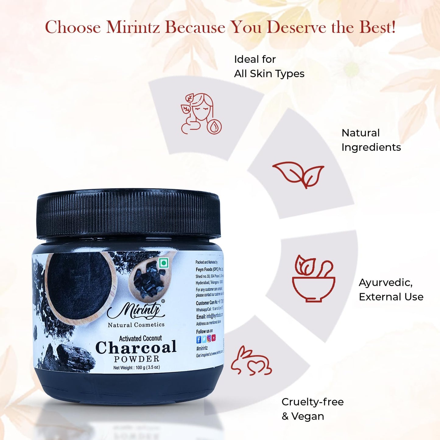 Mirintz 100% Natural Activated Charcoal Powder | (Size) Charcoal Powder for Beauty & Cosmetics | Used in Skin Care, Body Scrub, Facial Cleanser & Face Wash | Ayurvedic Support for Teeth & Soap Making - Medaid International