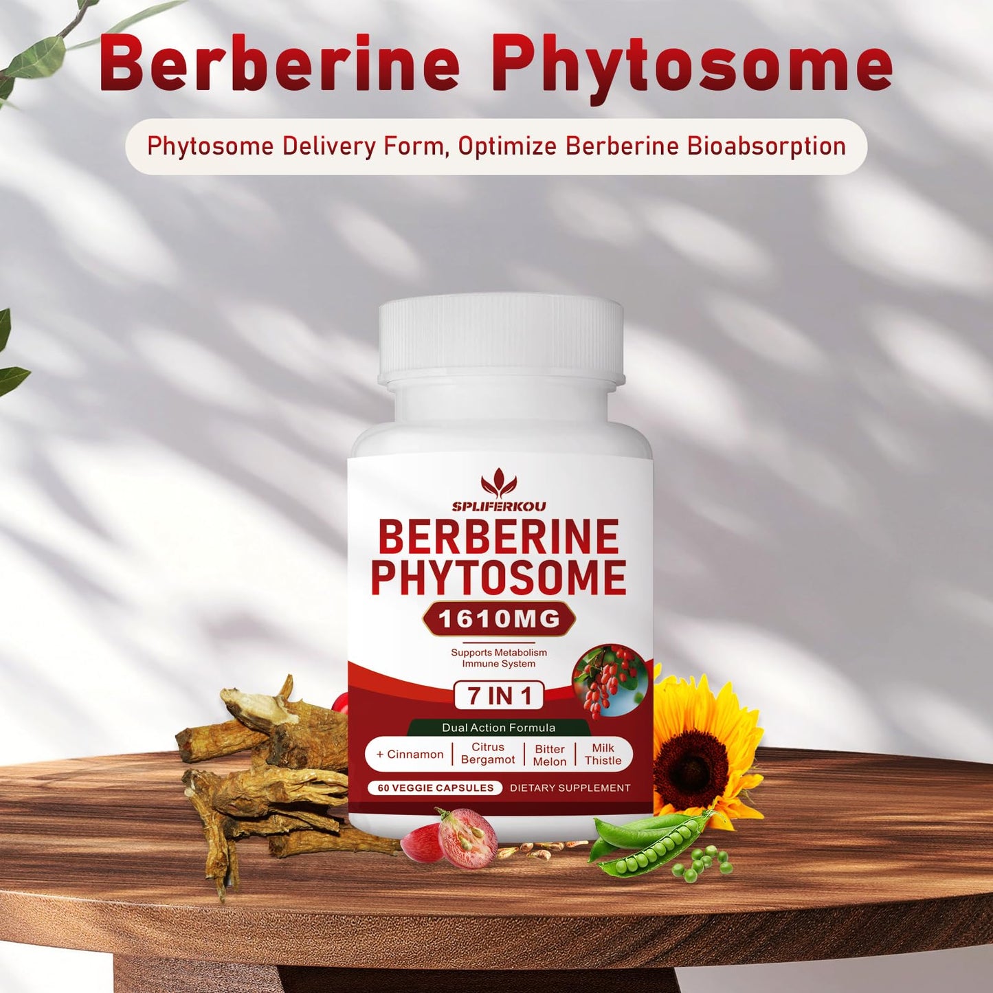 Spliferkou 7-in-1 Berberine Phytosome with Ceylon Cinnamon, Berberine Complex Supports Metabolic, Liver Function and Immune System, Non-GMO, Gluten-Free - 60 Capsules - Medaid International