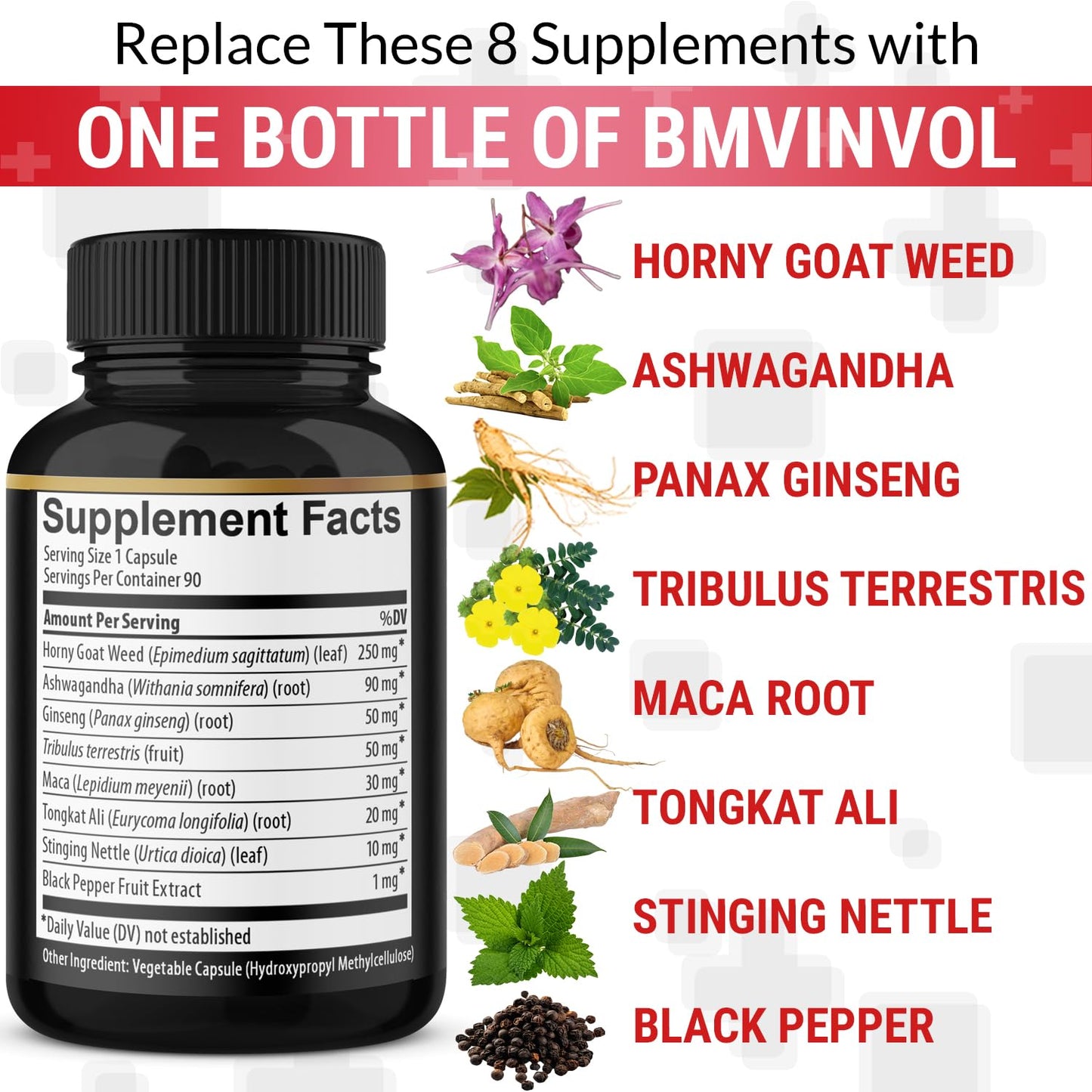 BMVINVOL Horny Goat Weed Capsules with Maca, Ginseng, Tribulus Terrestris, Ashwagandha, Black Pepper - 90 Count for 3 Month Supply - Medaid International