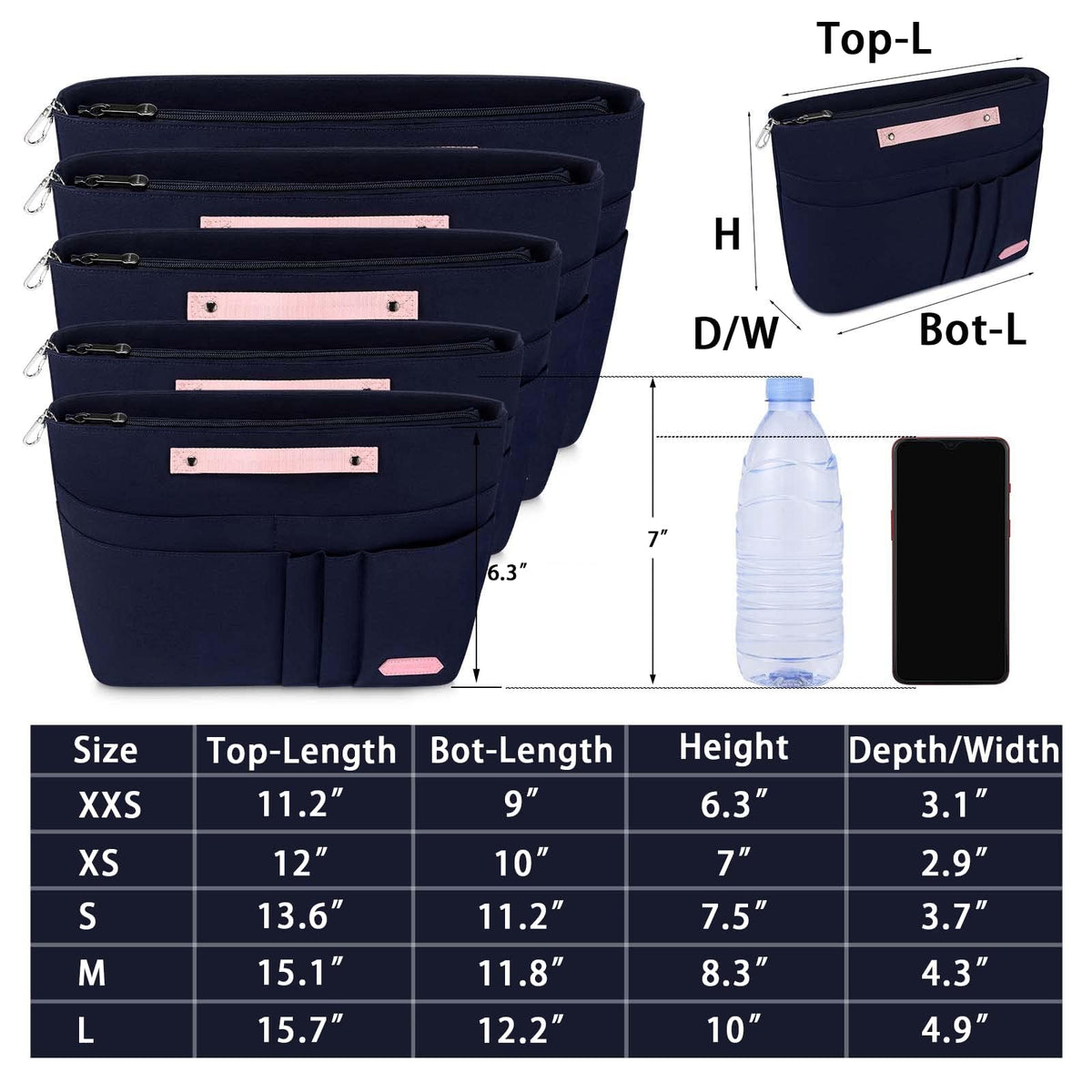 TERRIFI Purse Organizer Insert for Handbags,Tote Bag Organizer Insert Zipper Bag for Women, Handbag Organizer Inside Liner with 15 Pockets(Blue, M)