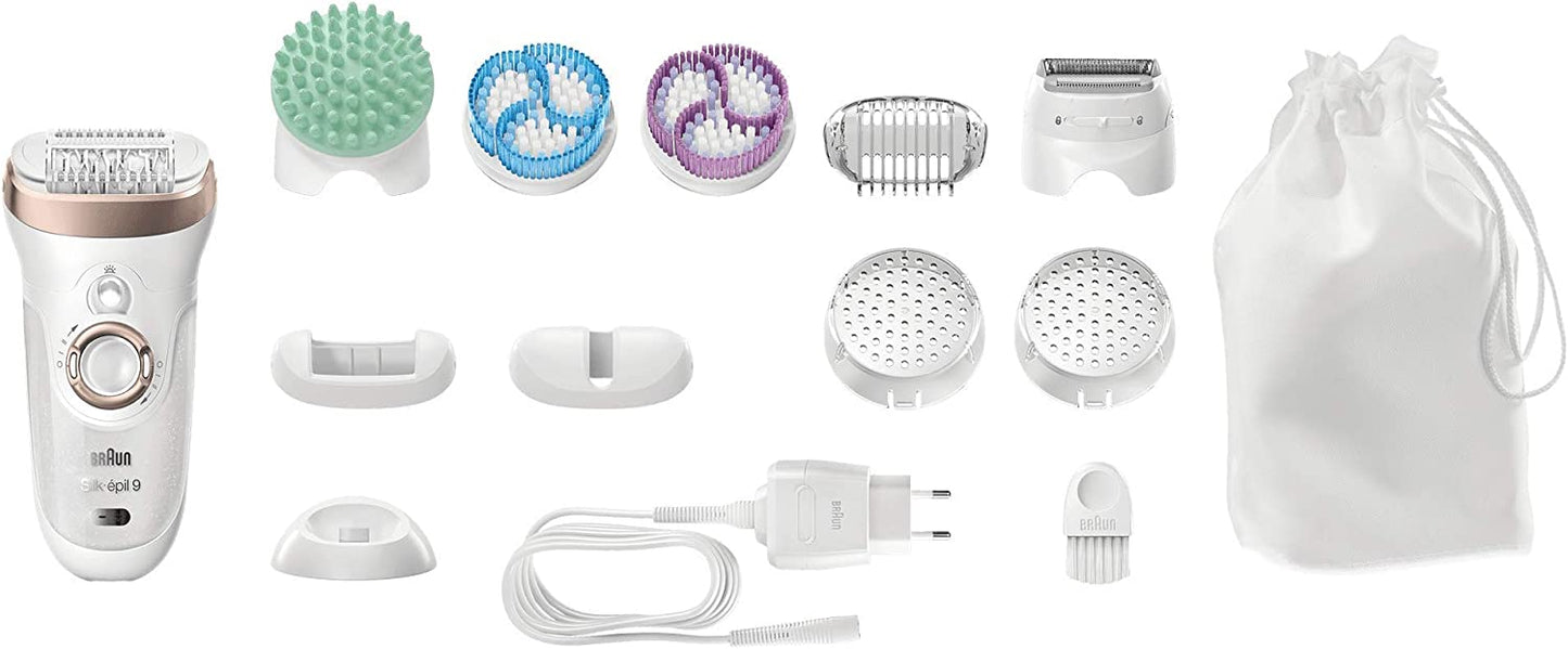 Silk-épil 9 SkinSpa (9-961V) Wet & Dry epilator with 12 extras including 3 exfoliation brushes.