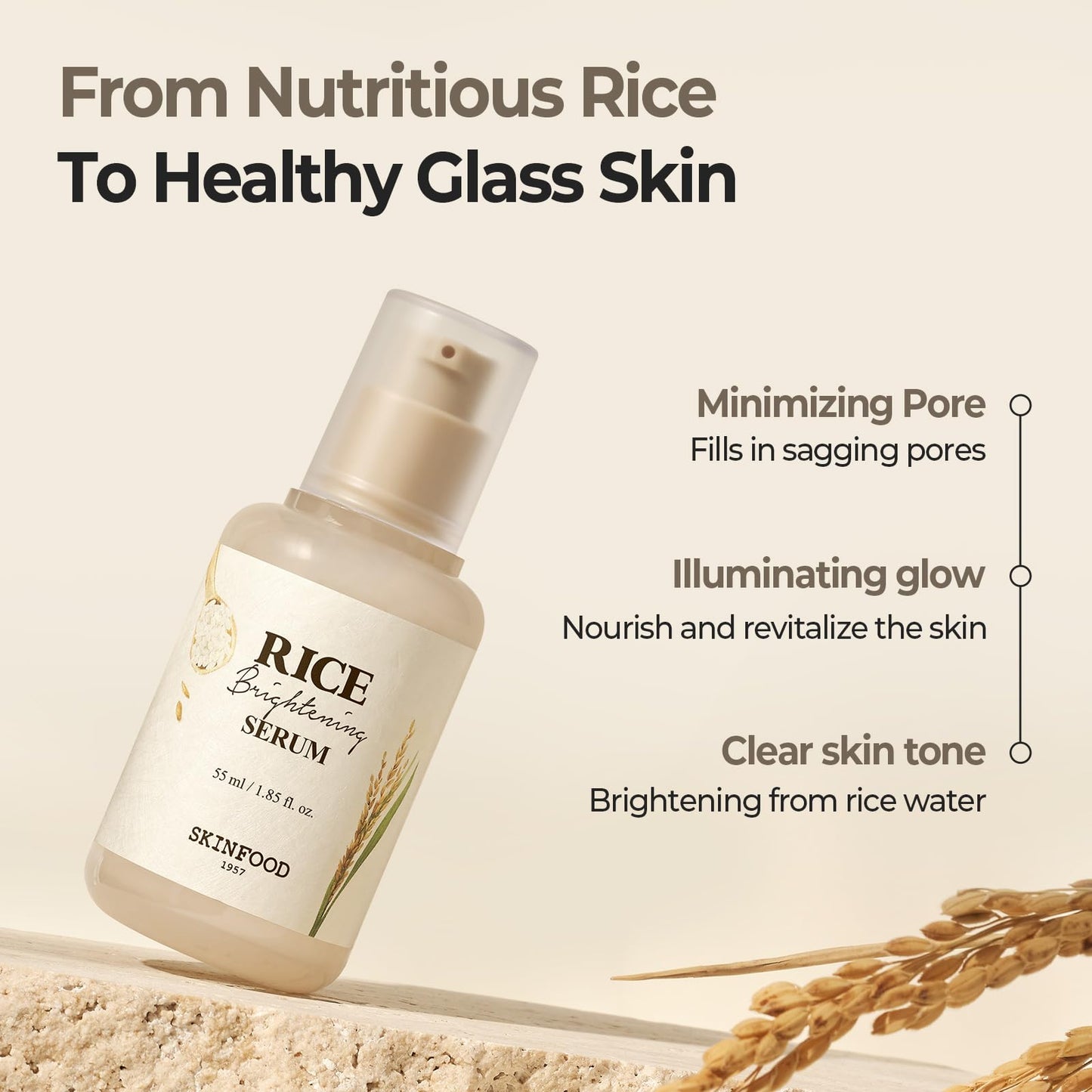 SKINFOOD Rice Serum, 48 Hours Fermented Rice Water Skincare Korean Serum for Face, Korean Rice Skincare for Natural Glow Glass Skin, Pore Minimizer, Rice Water Bright, 55ml/1.86fl.oz. - Medaid International