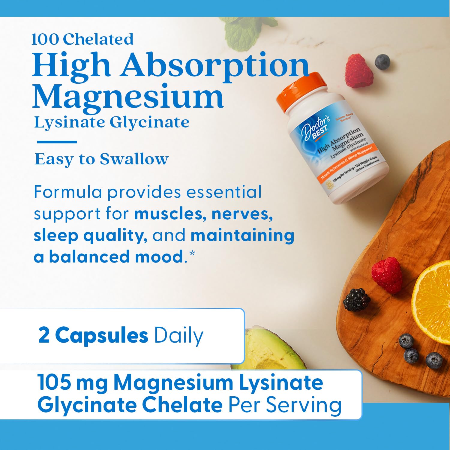 Doctor's Best High Absorption Magnesium Lysinate Glycinate Capsule, Easy to Swallow, 120 Ct - Medaid International