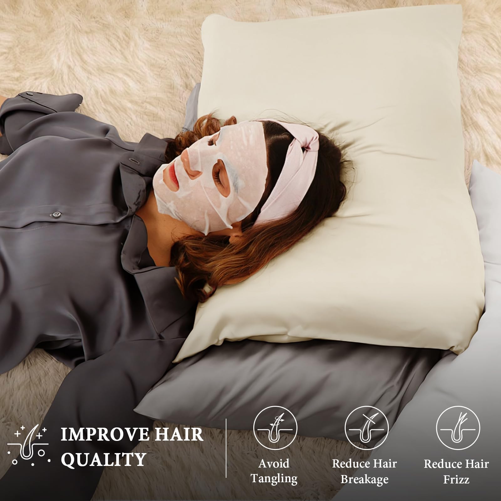 BHZ Satin Goose Down Feather Pillows King Size with Beige Satin Pillowcase for Hair and Skin, Cooling Pillow Cases Similar to Silk Pillow Cases, Christmas Decorative Gifts for Women, Mom Men - Medaid International