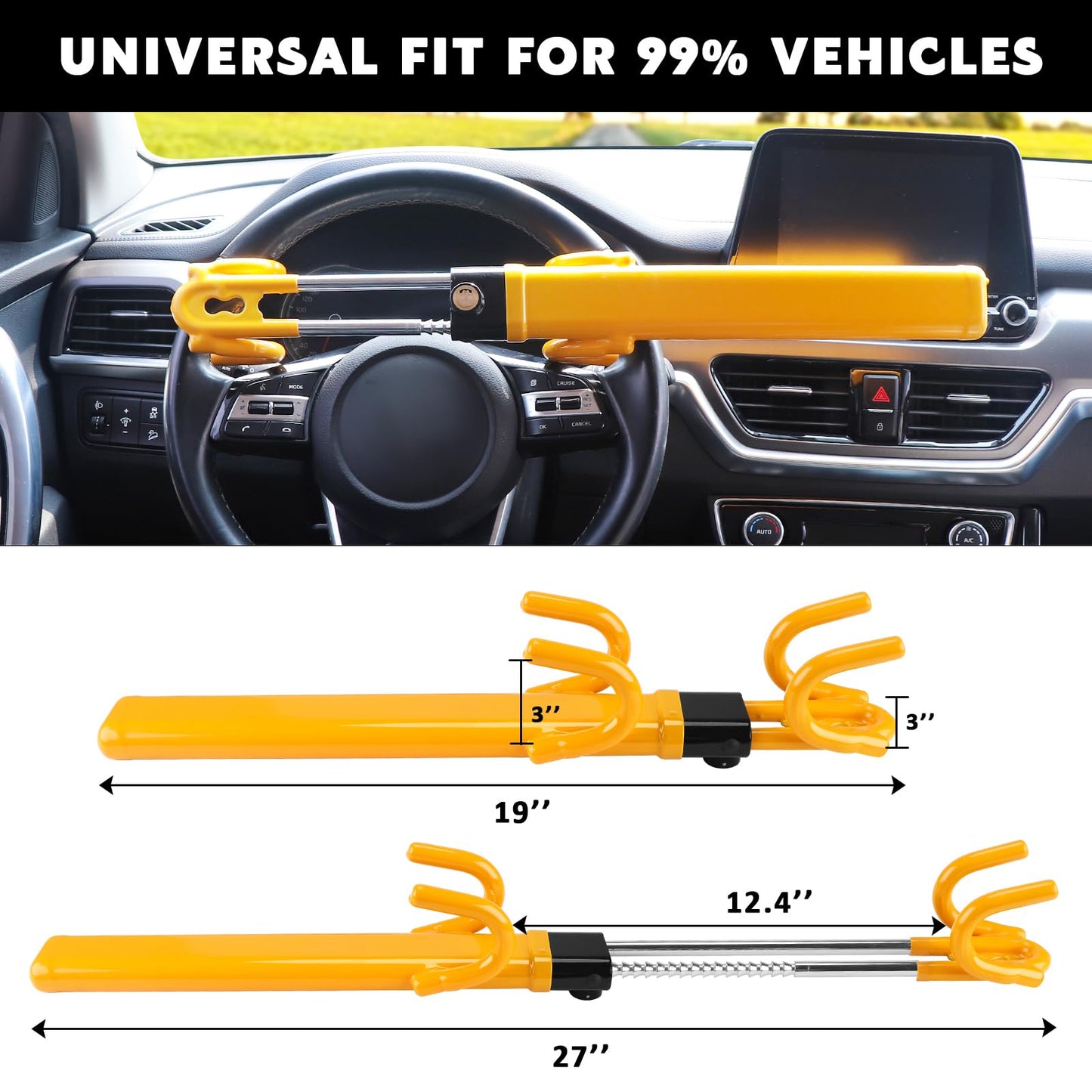 Turnart Steering Wheel Lock Anti-Theft Device Wheel Lock Retractable Car Lock with 3 Keys Heavy-Duty for Car Security Universal Fit for Auto/SUV/Van/Truck - Medaid International