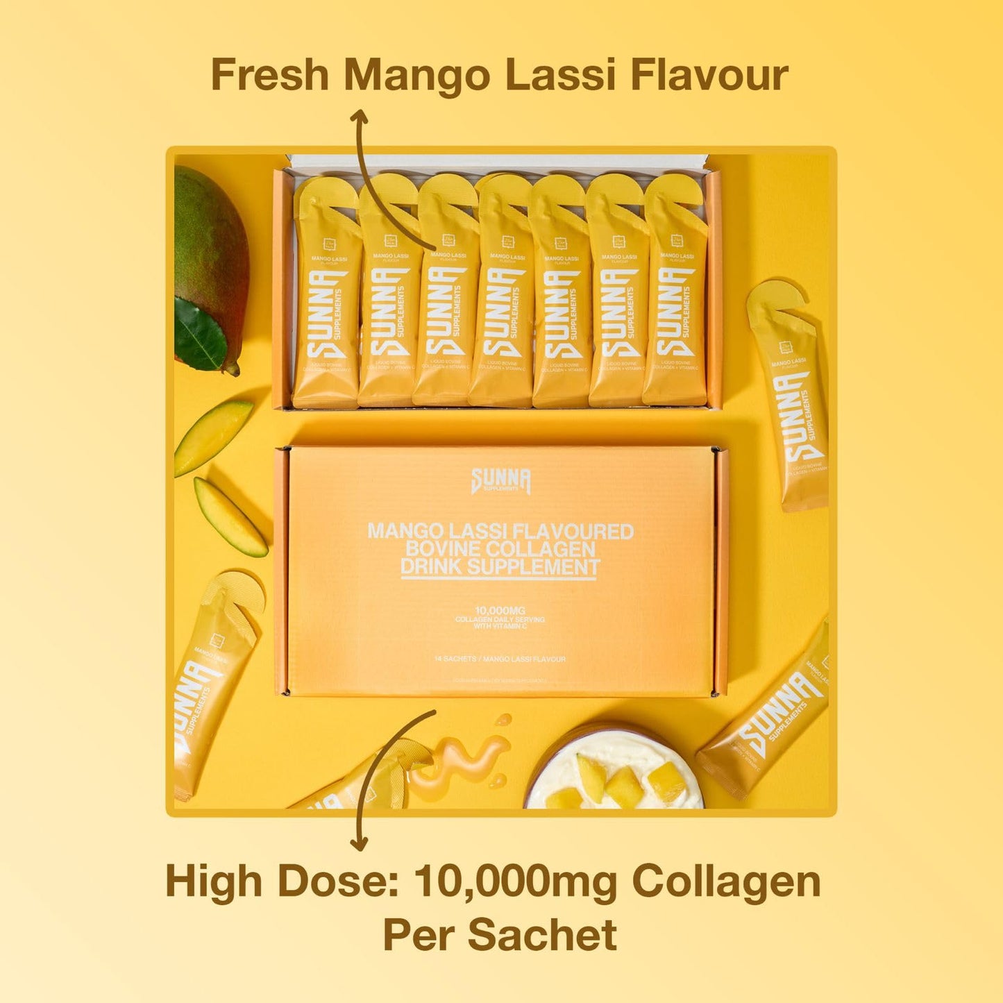 SUNNA SUPPLEMENTS - Halal Mango Lassi Collagen Drink with Vitamin C - 10000mg Bovine Liquid Collagen Peptides Women and Men - Hydrolysed Collagen Liquid Suitable for Everyone - 14 Sachets (35ml Each) - Medaid International
