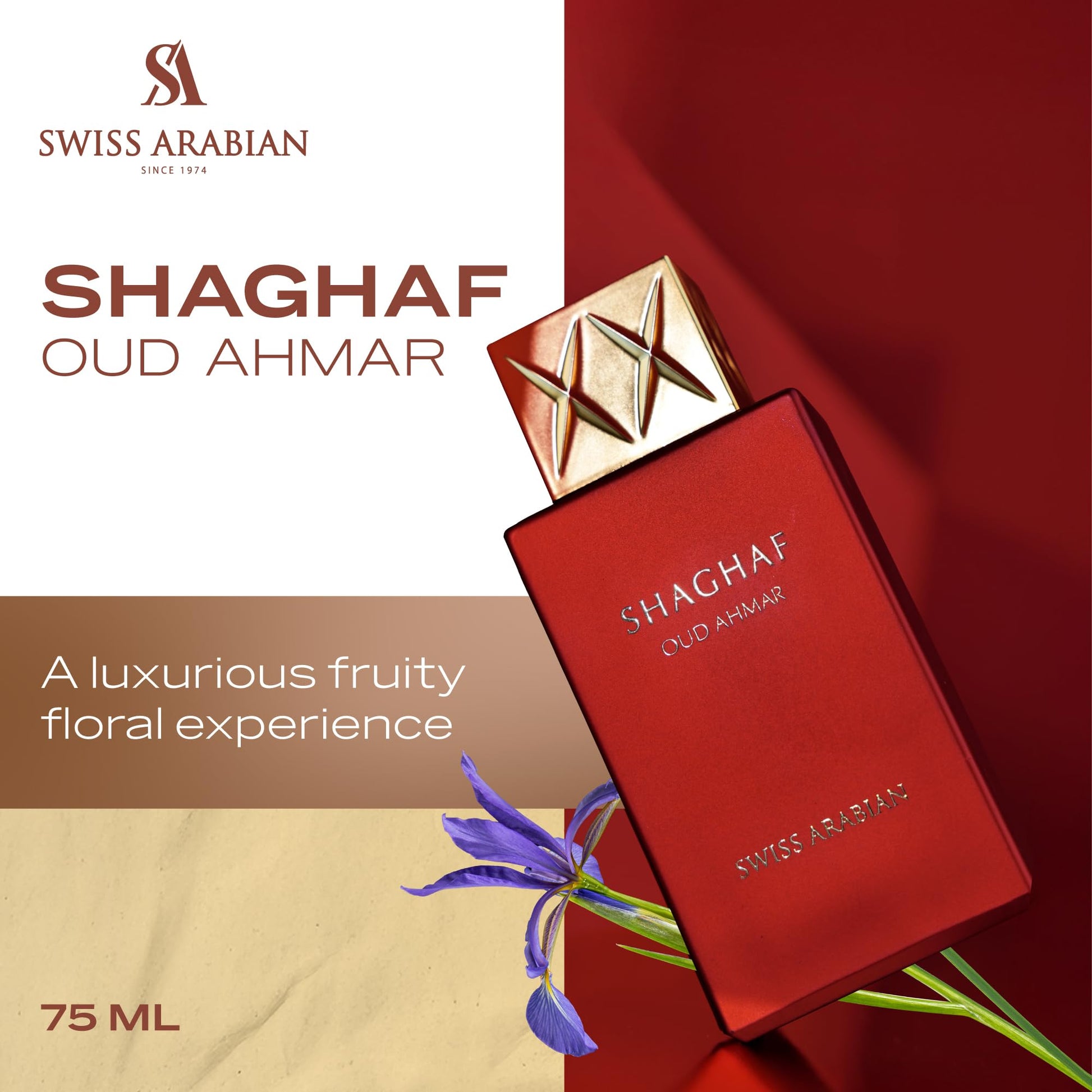 Swiss Arabian Shaghaf Oud Ahmar - Luxury Products From Dubai - Long Lasting And Addictive Personal EDP Spray Fragrance - Seductive, Signature Aroma - The Luxurious Scent Of Arabia - 2.5 oz - Medaid International